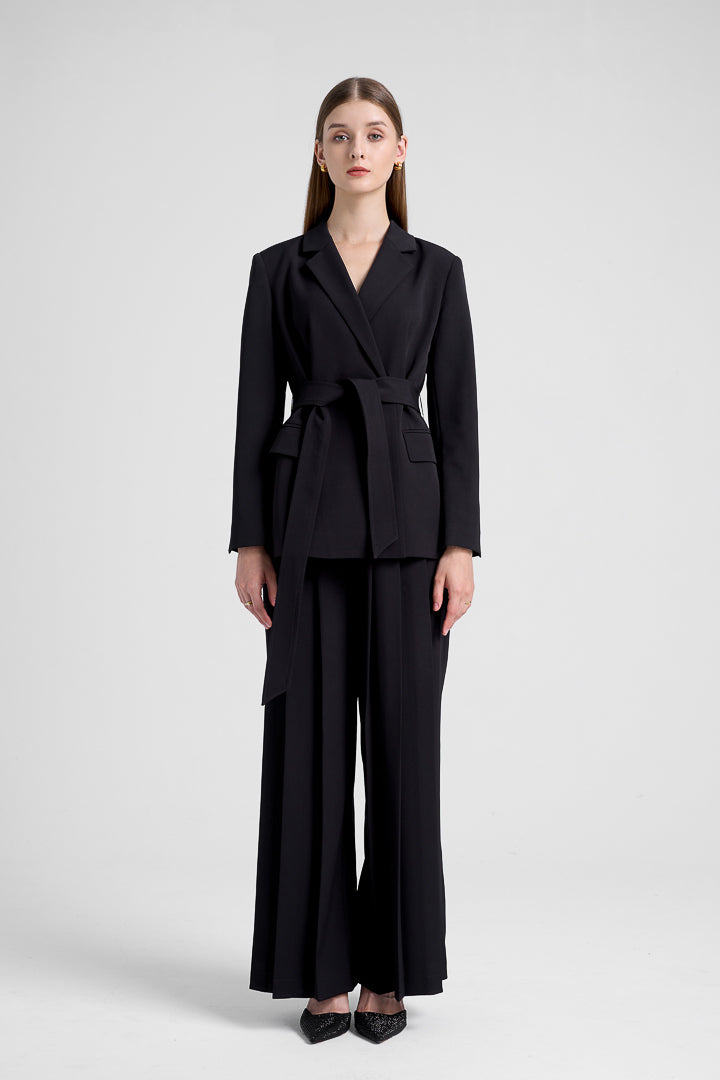 Classic Double Breasted Blazer (with Belt) - Black