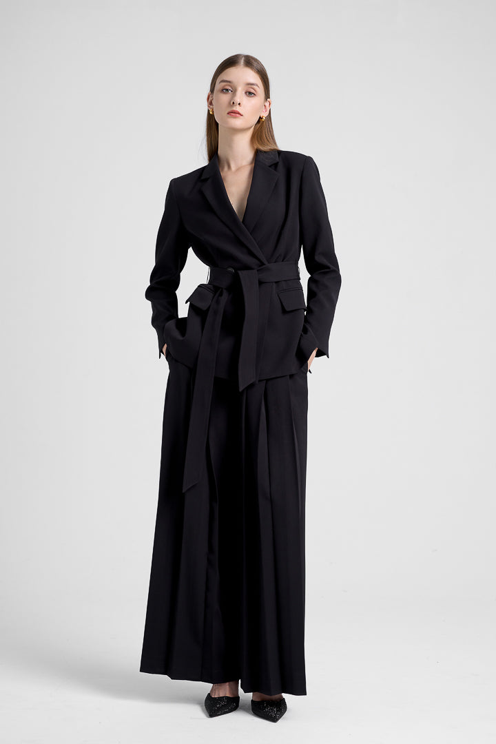 Classic Double Breasted Blazer (with Belt) - Black