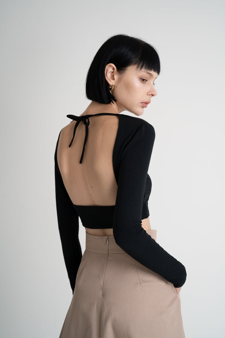 莫代爾美背綁帶 Bra 上衣 - 黑
