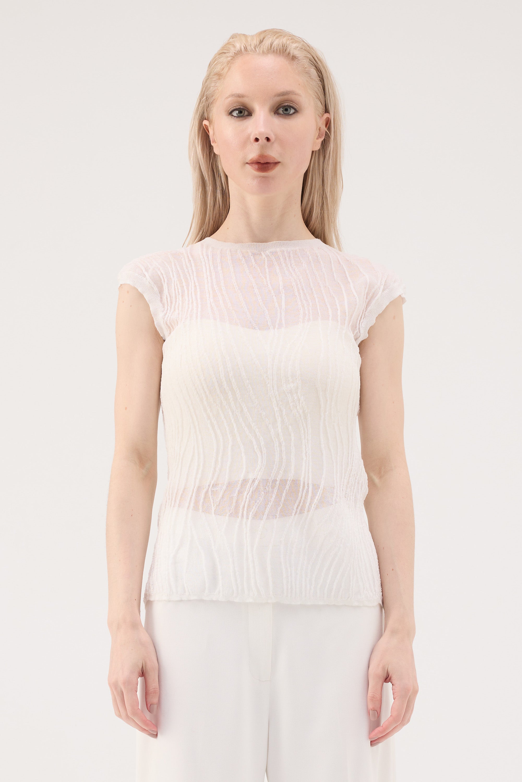 Ripple Sheer Knit Top - White