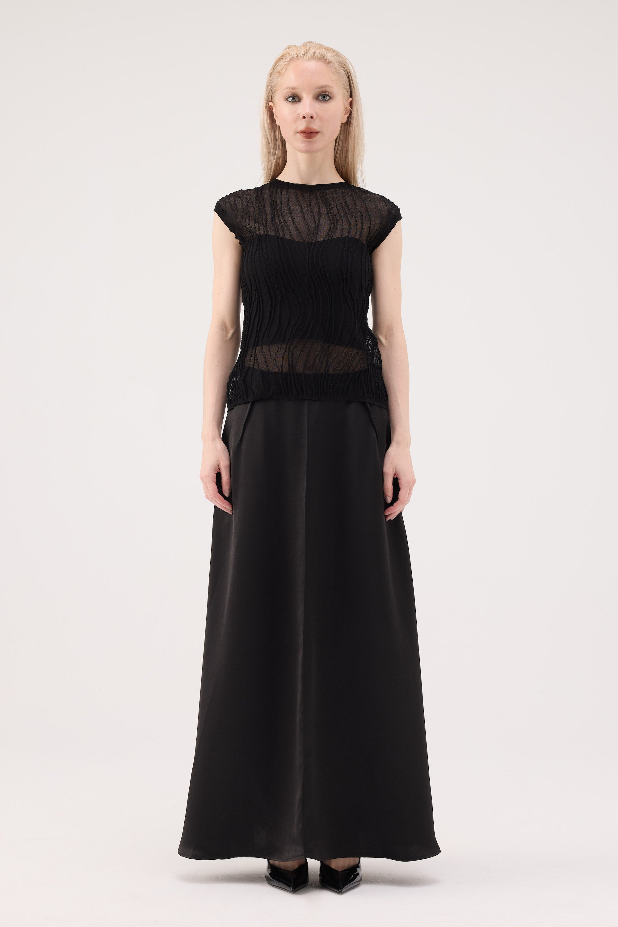 Ripple Sheer Knit Top - Black