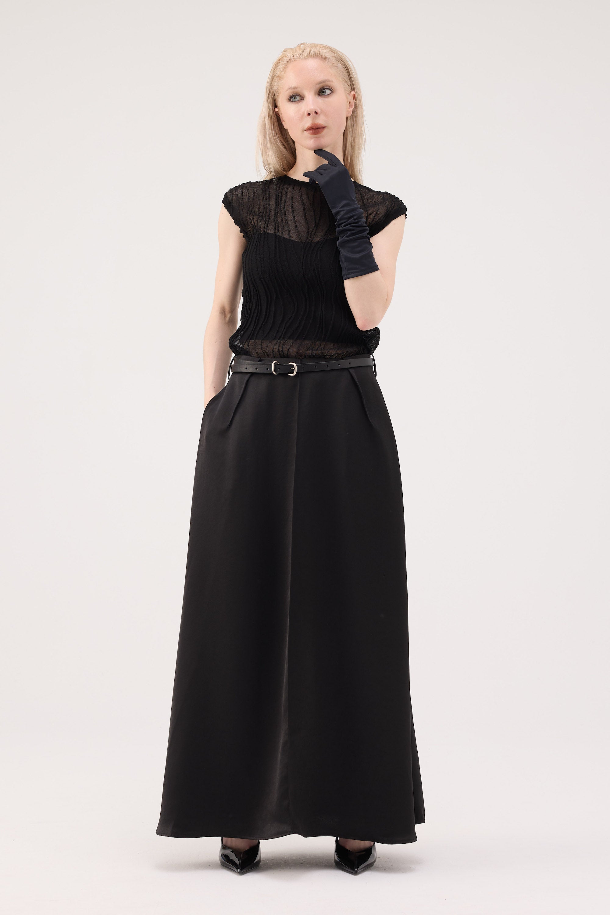 Back Slit Acetate Maxi Skirt - Black