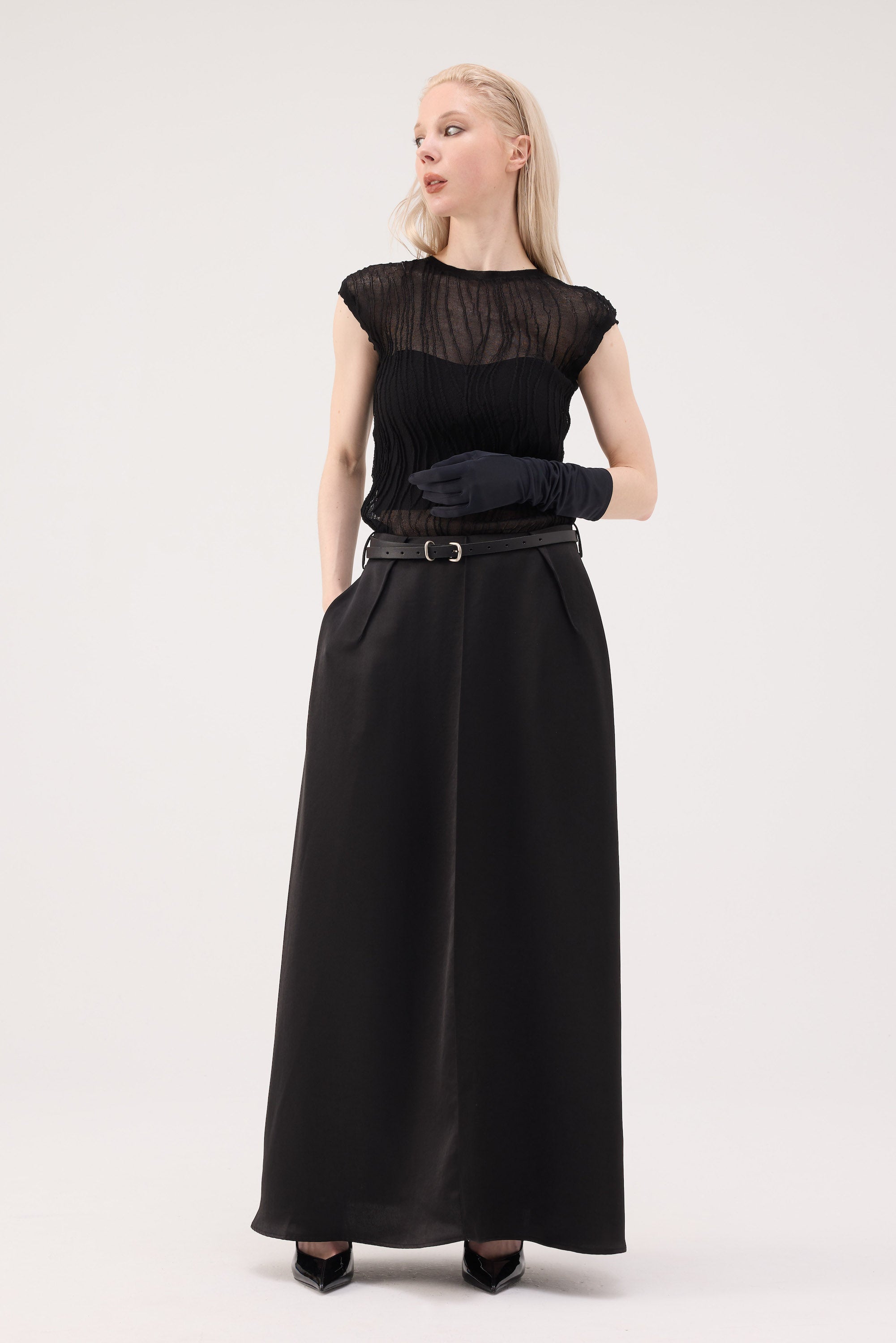 Back Slit Acetate Maxi Skirt - White