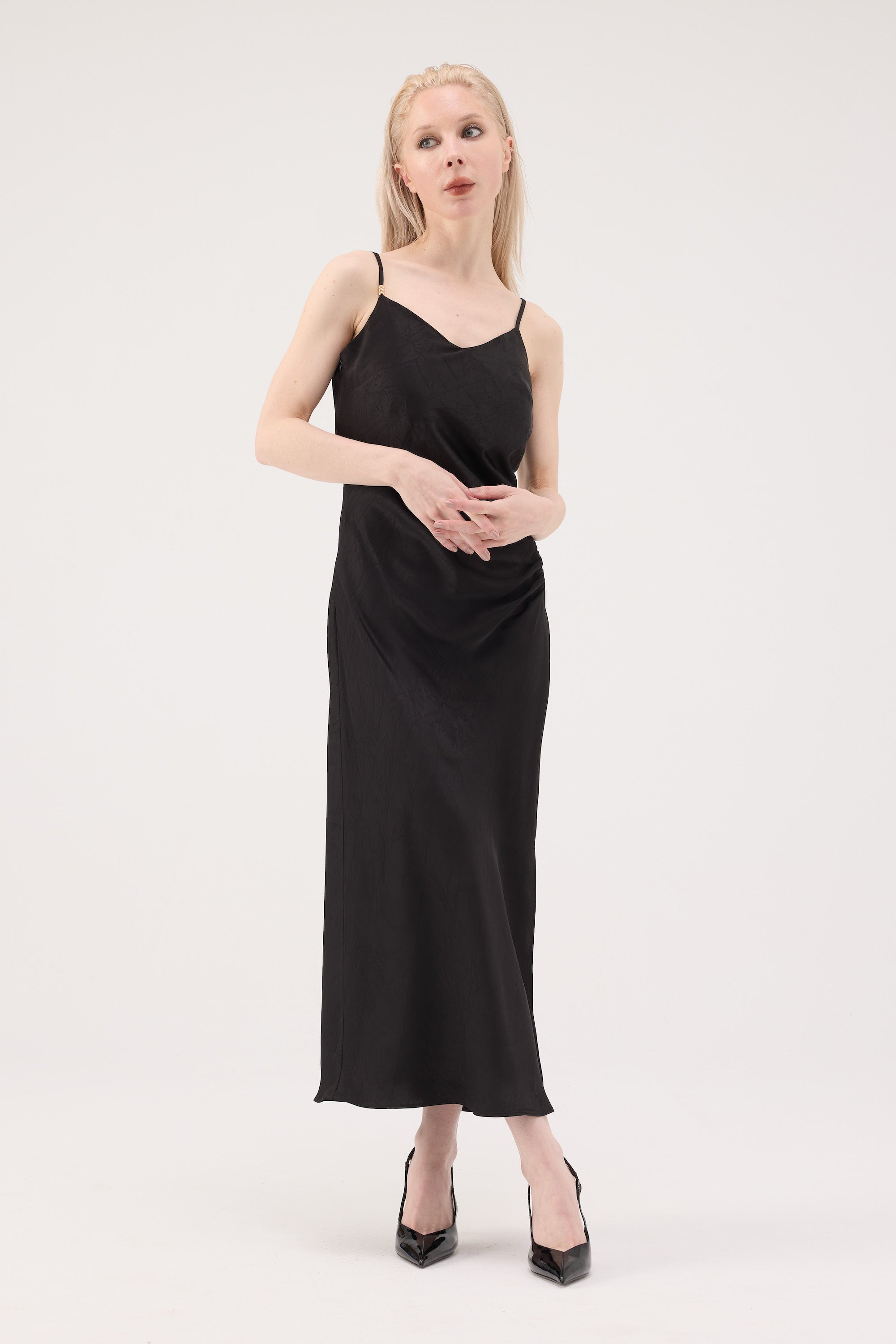 Ruched Acetate Slip Dress - Brown