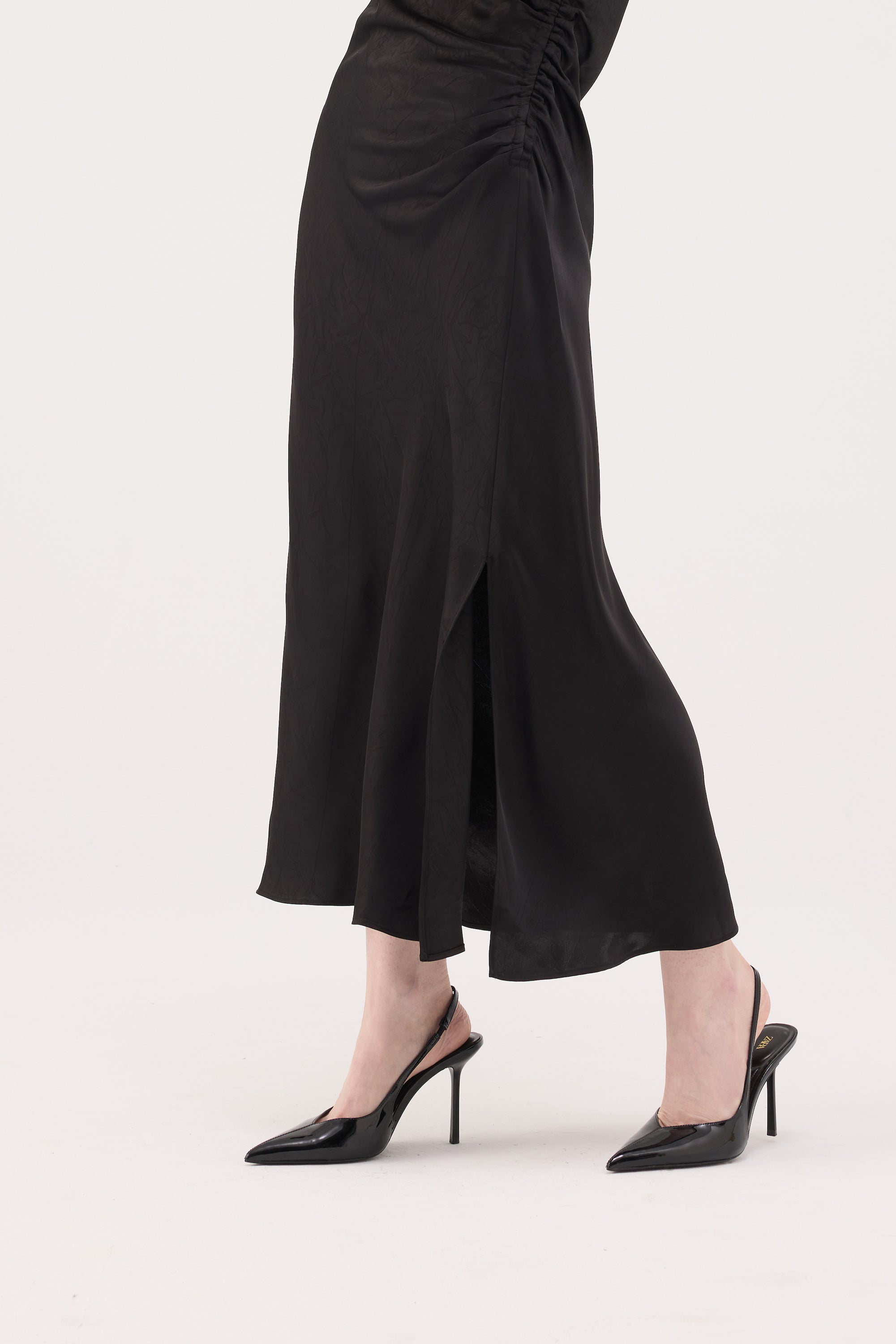Ruched Acetate Slip Dress - Black