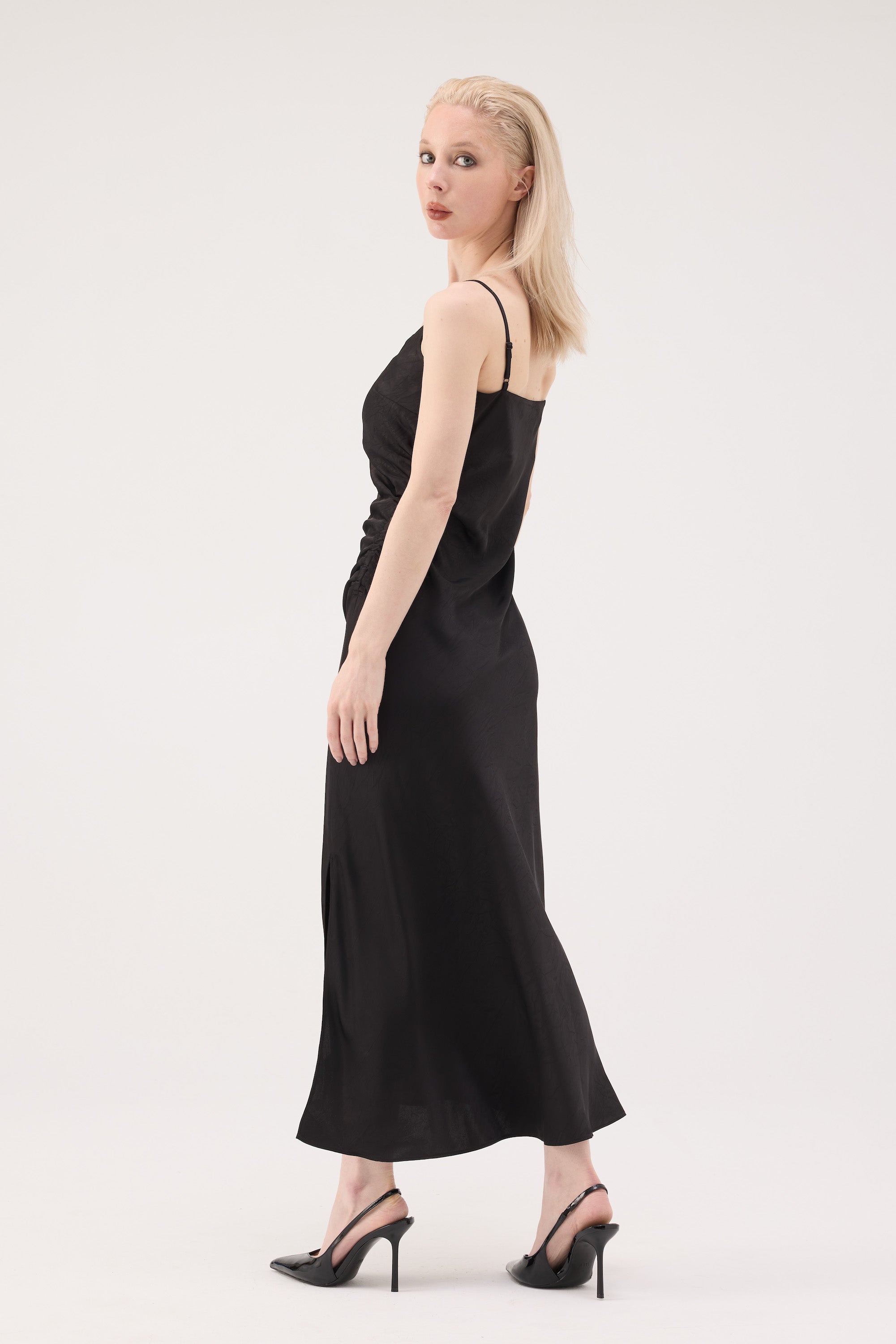 Ruched Acetate Slip Dress - Black