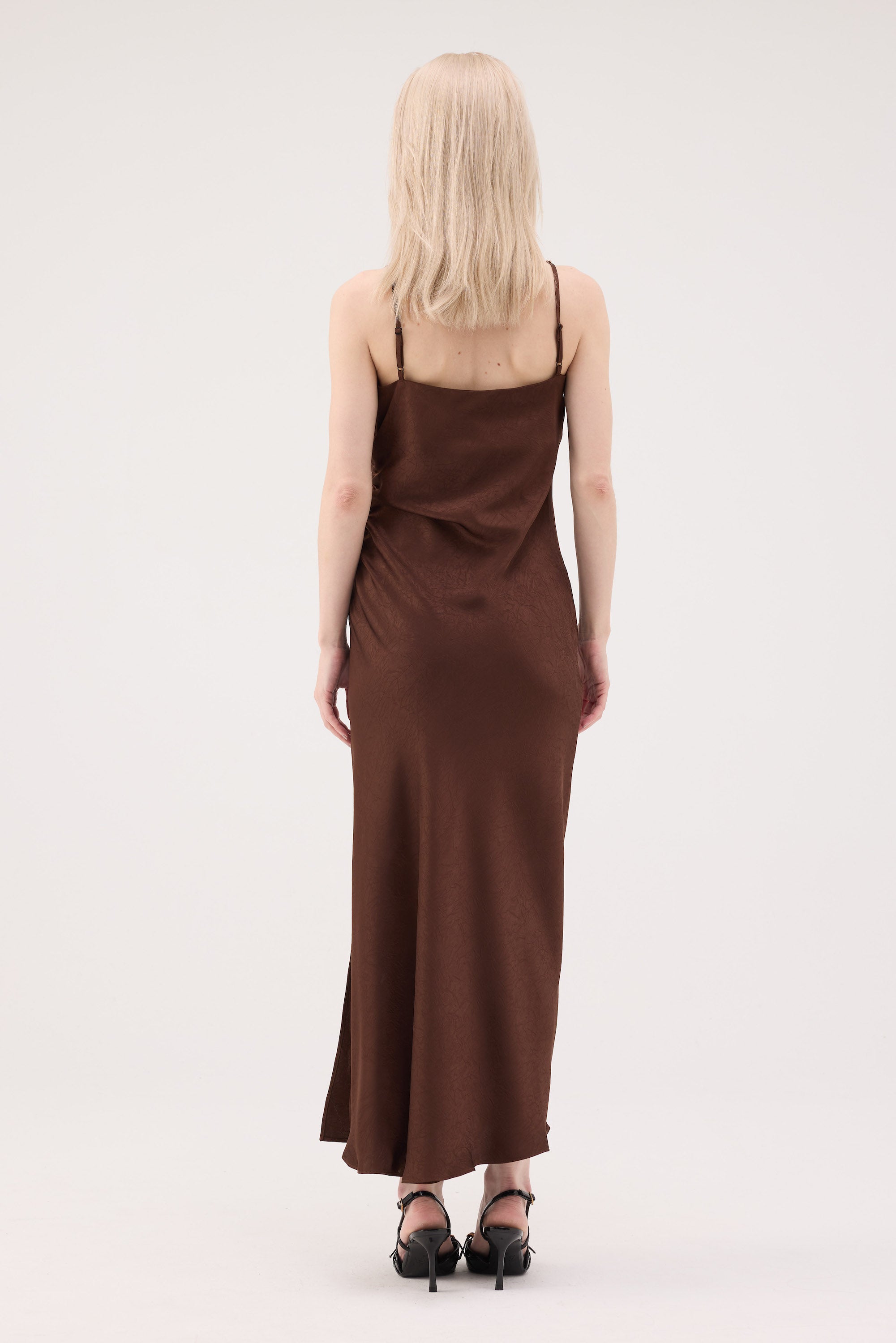 Ruched Acetate Slip Dress - Brown