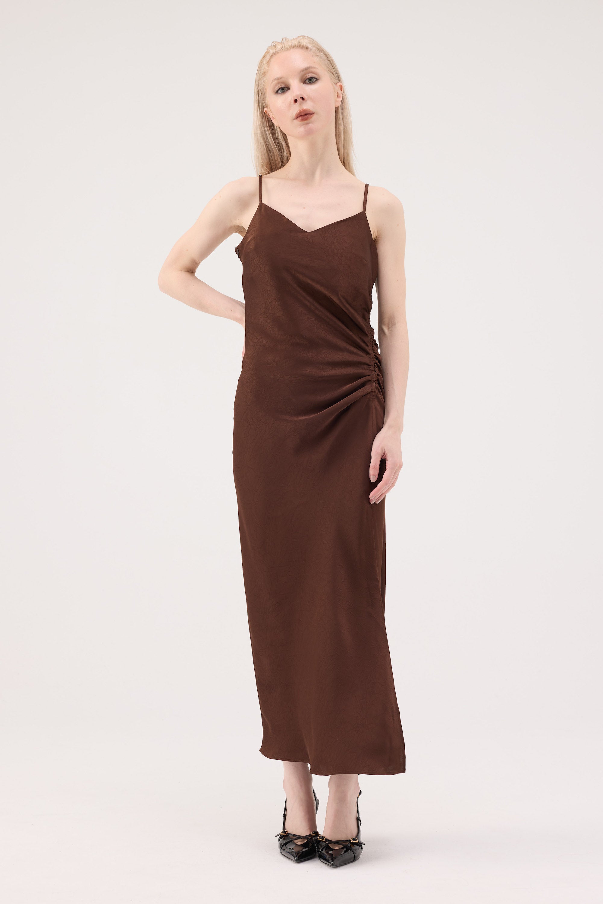Ruched Acetate Slip Dress - Brown