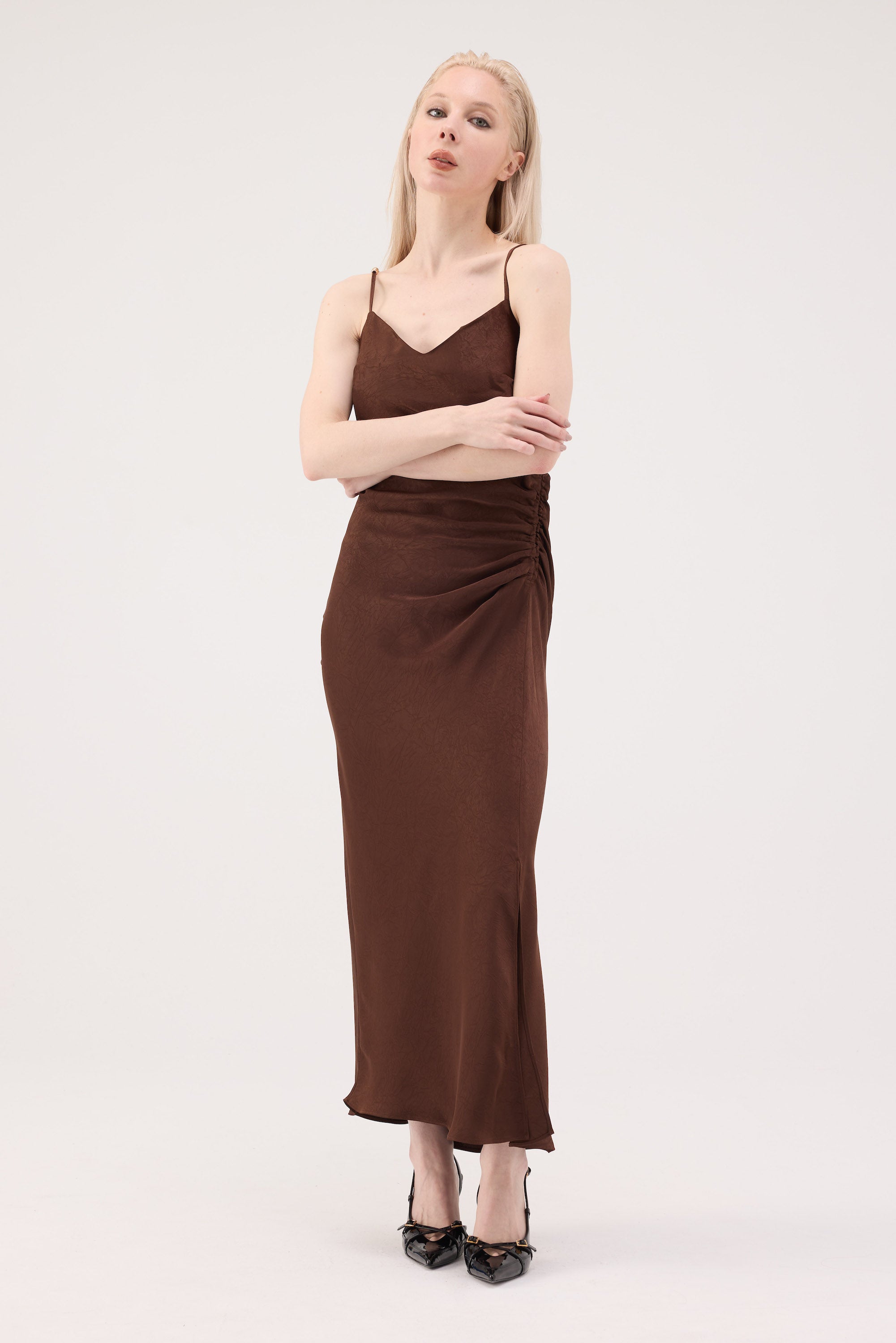 Ruched Acetate Slip Dress - Floral