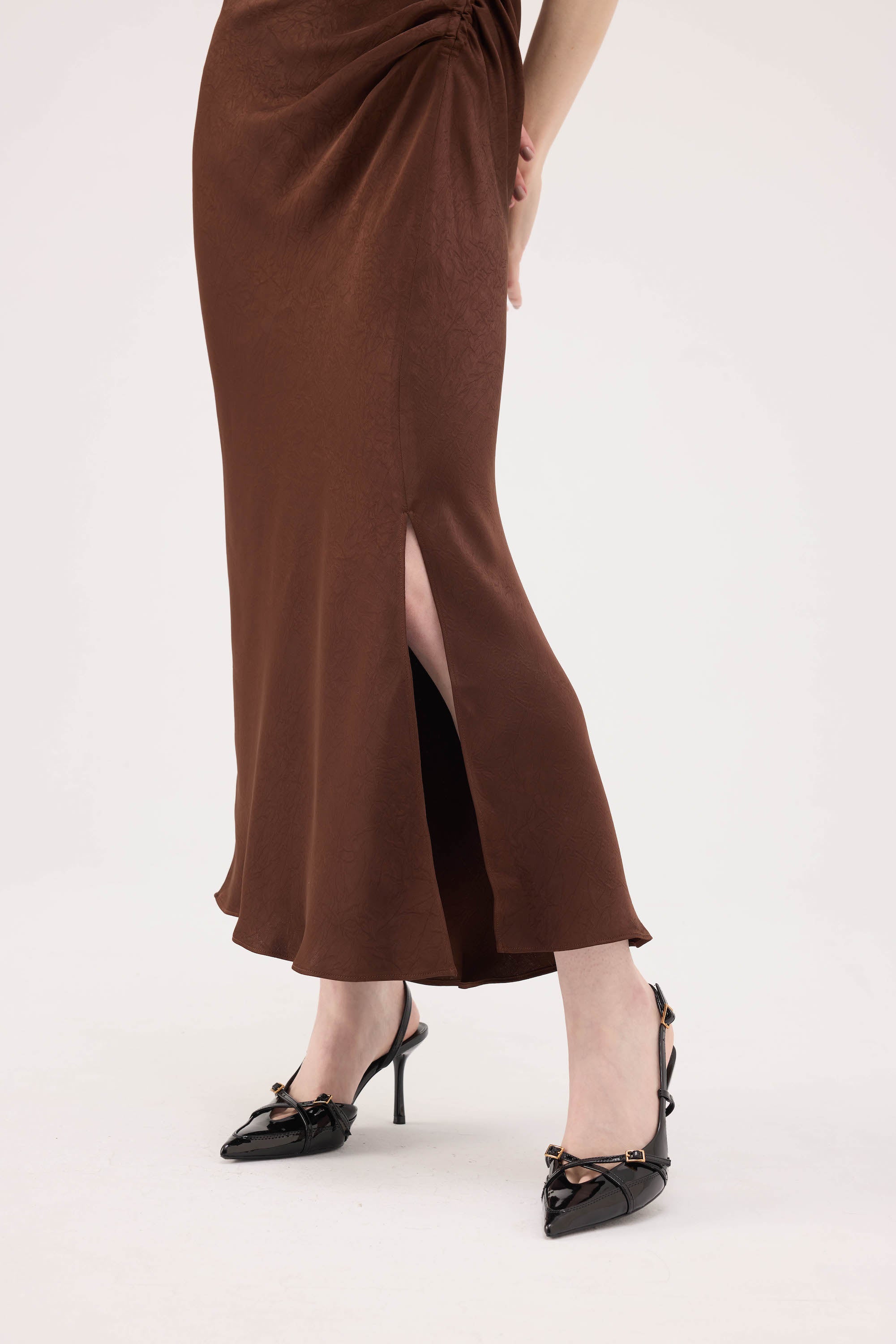 Ruched Acetate Slip Dress - Brown