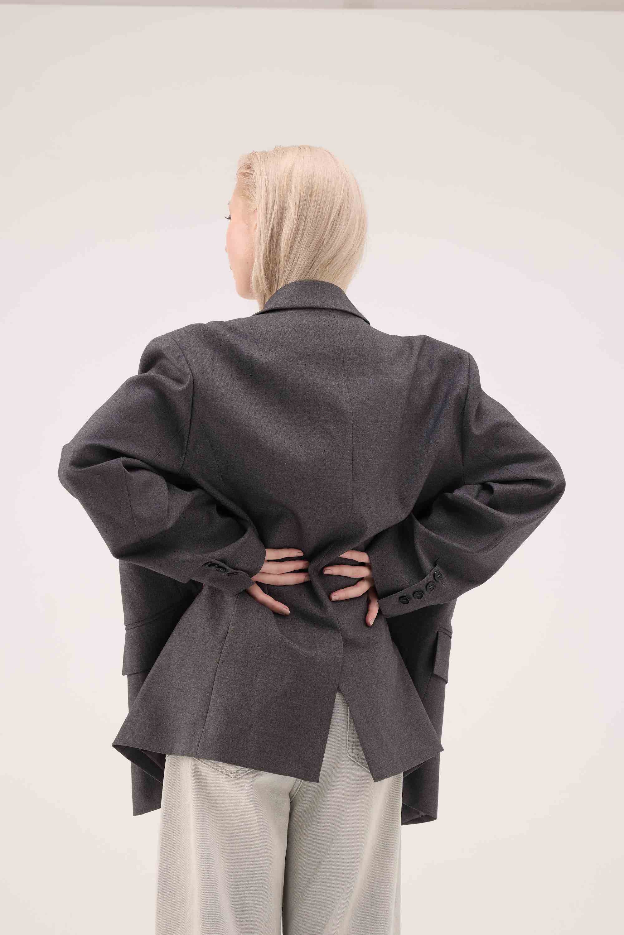 Oversized Peak Lapel Blazer - Grey