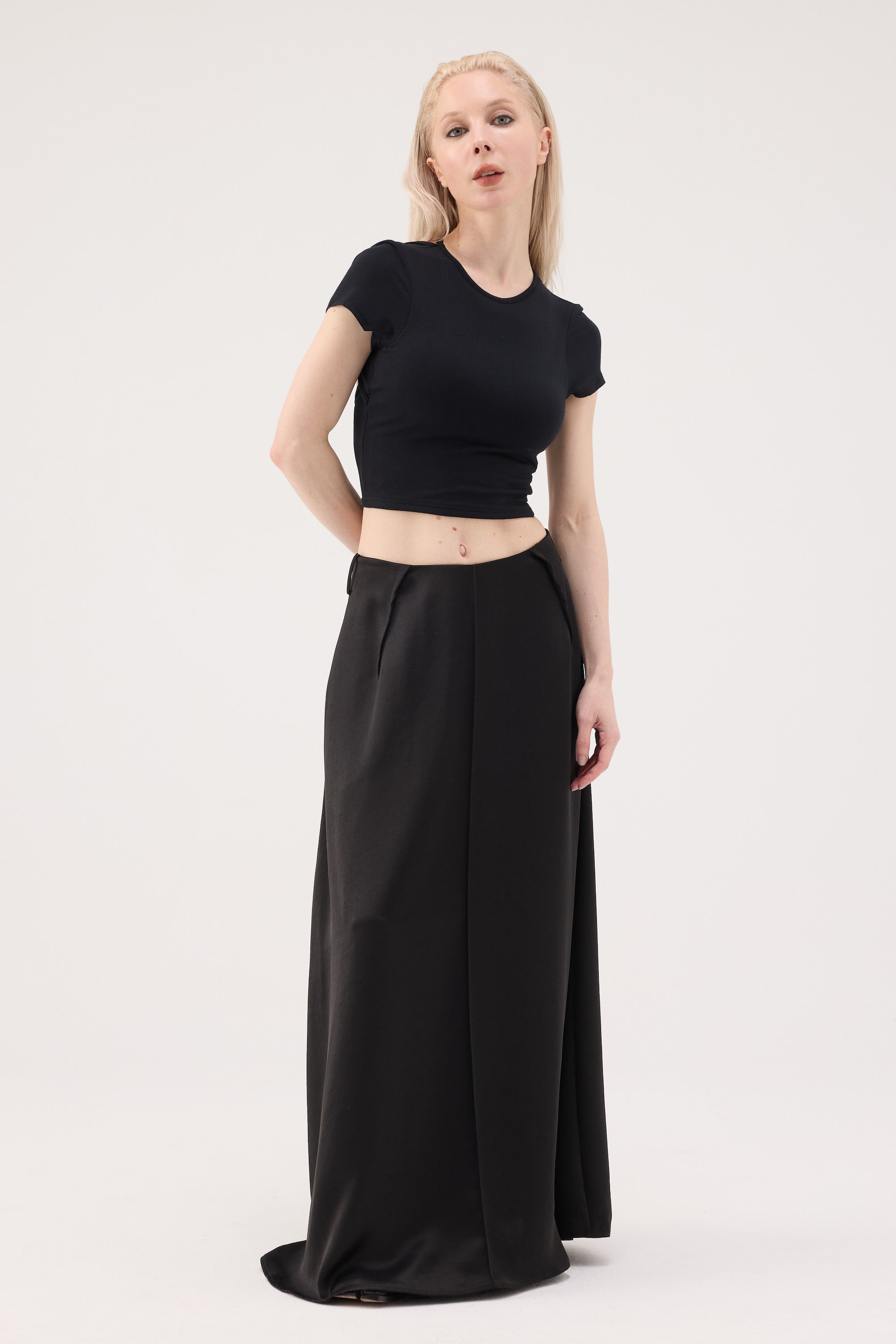 Back Slit Acetate Maxi Skirt - Black