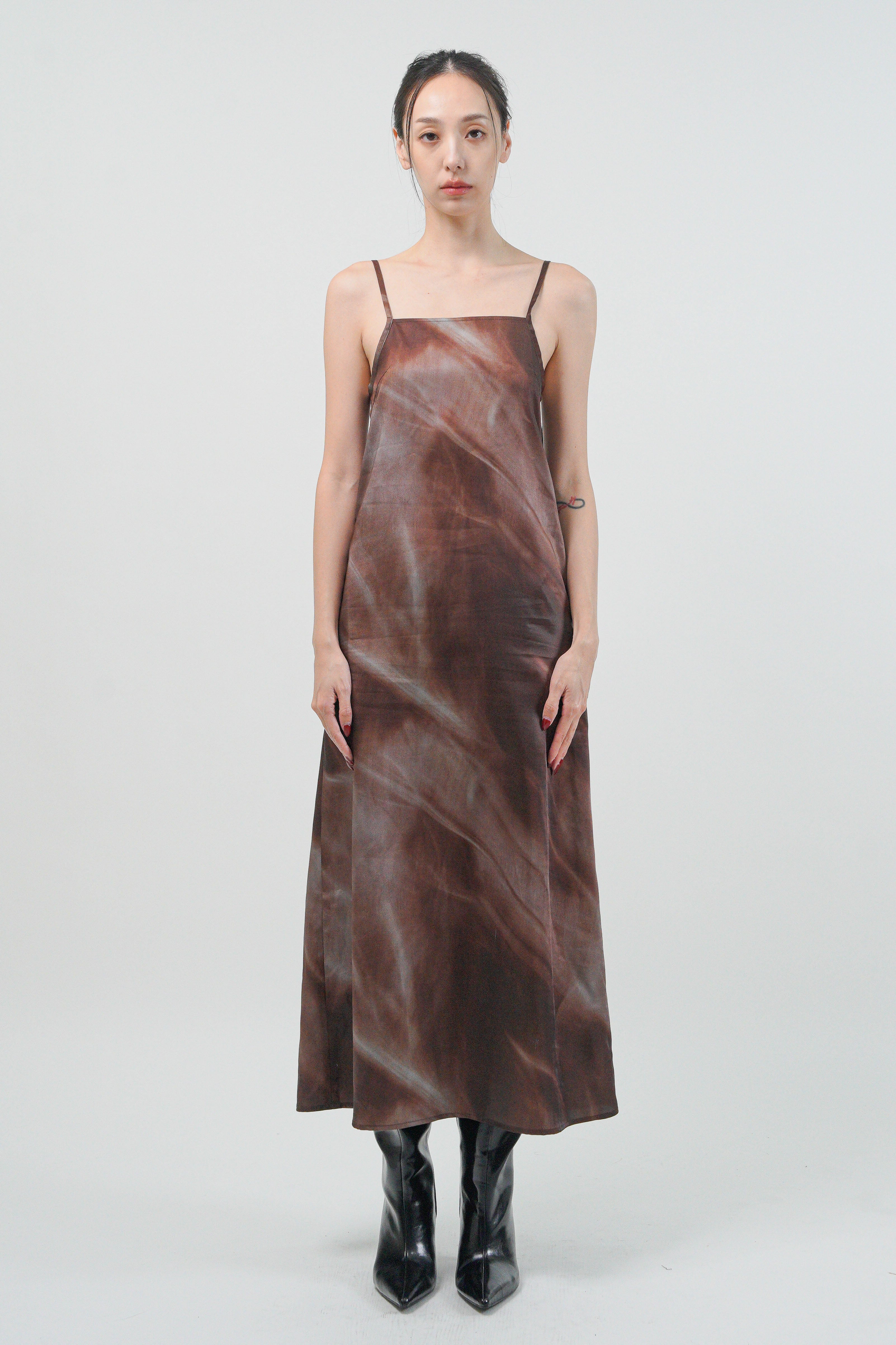 幻影墨染仿絲長洋裝 - 咖棕