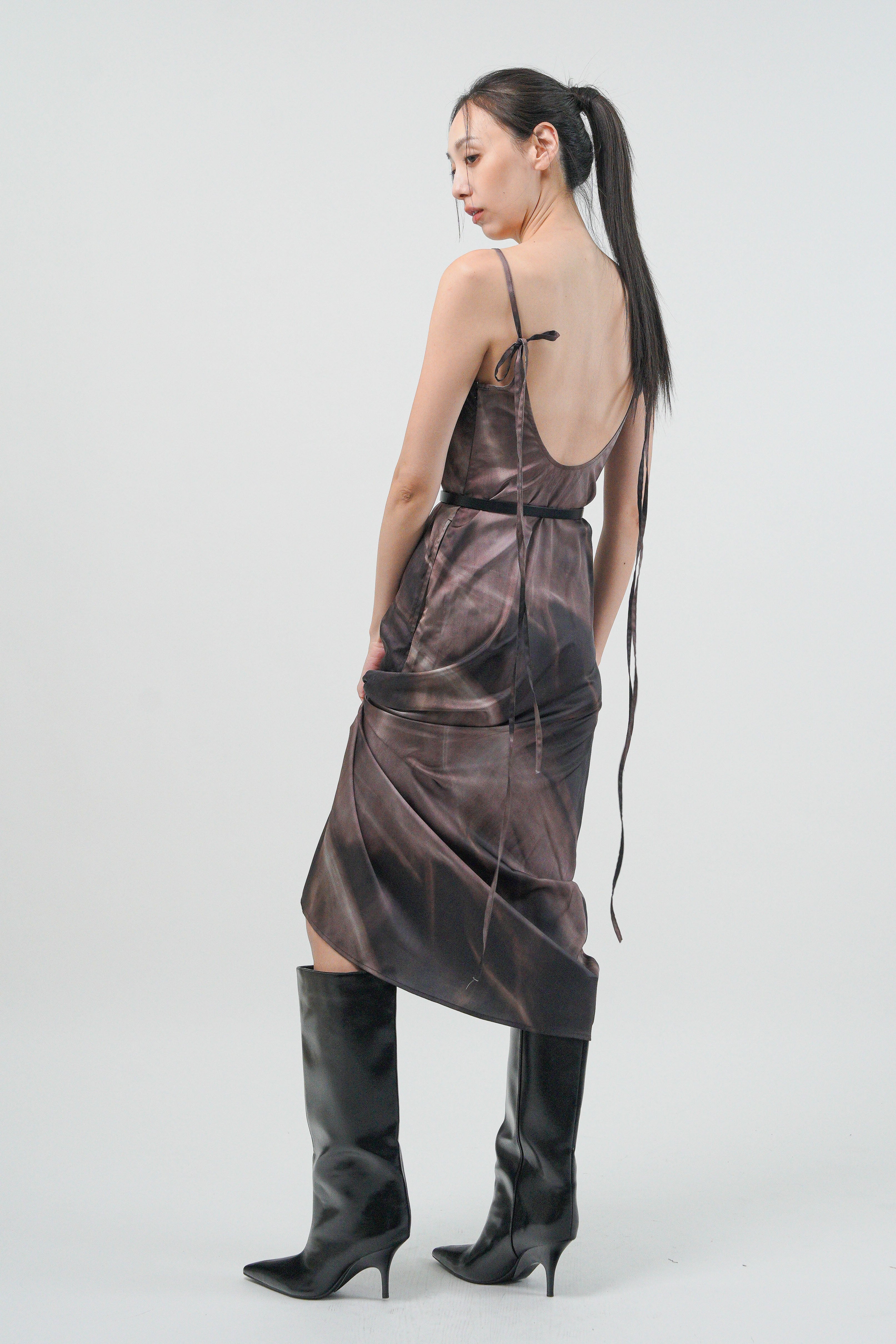 幻影墨染仿絲長洋裝 - 墨灰