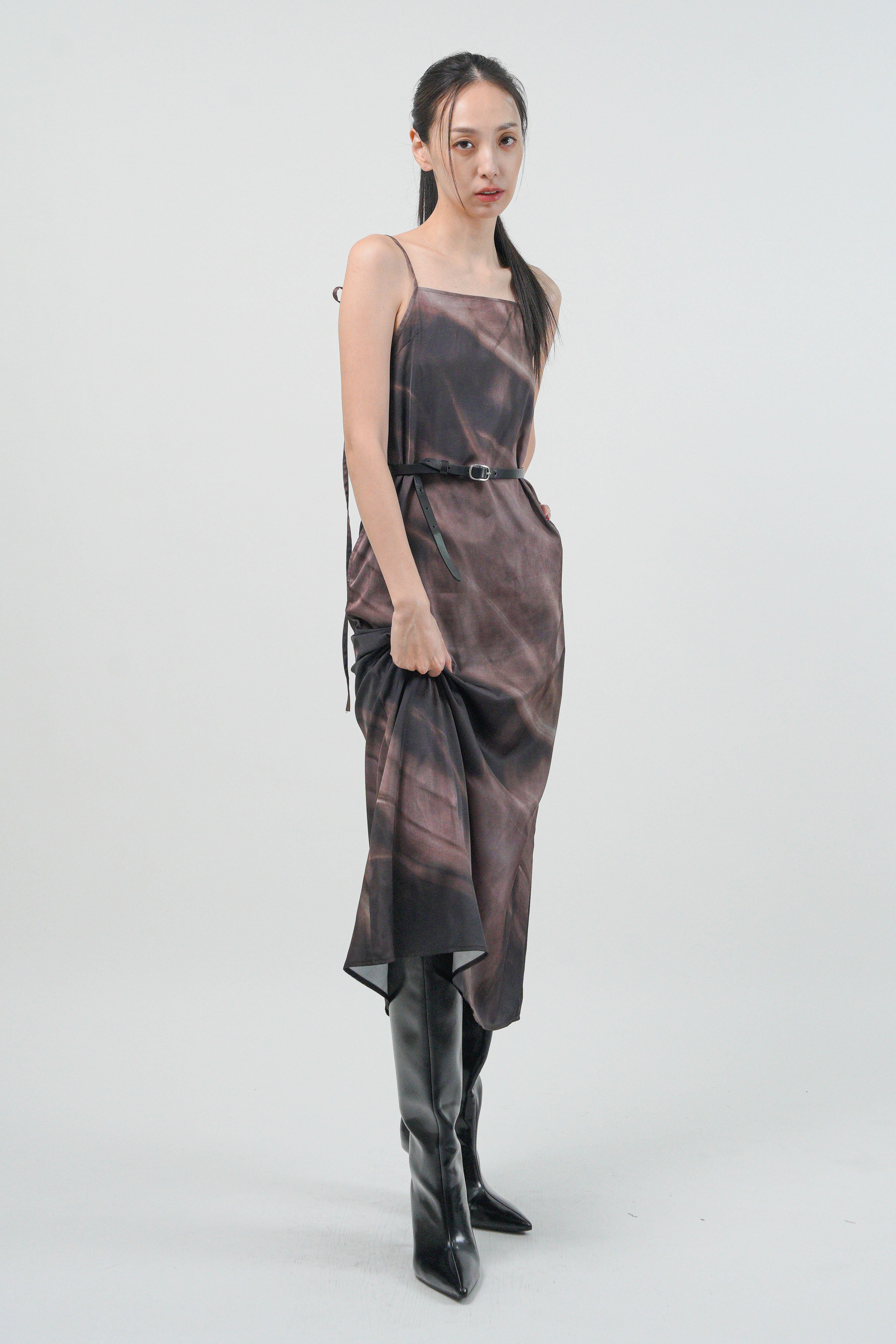 幻影墨染仿絲長洋裝 - 墨灰