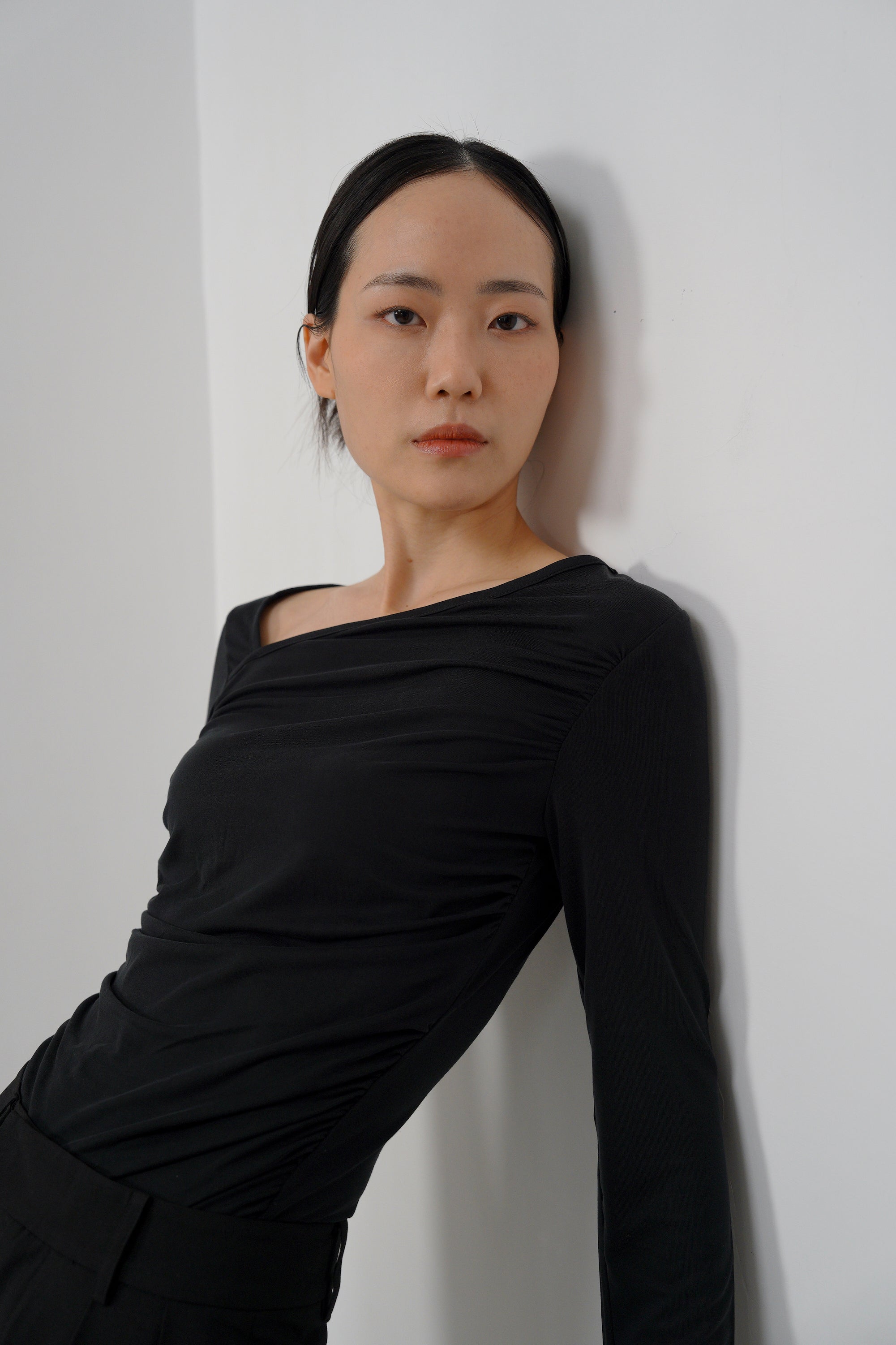 Asymmetric Ruched Modal Top - Black
