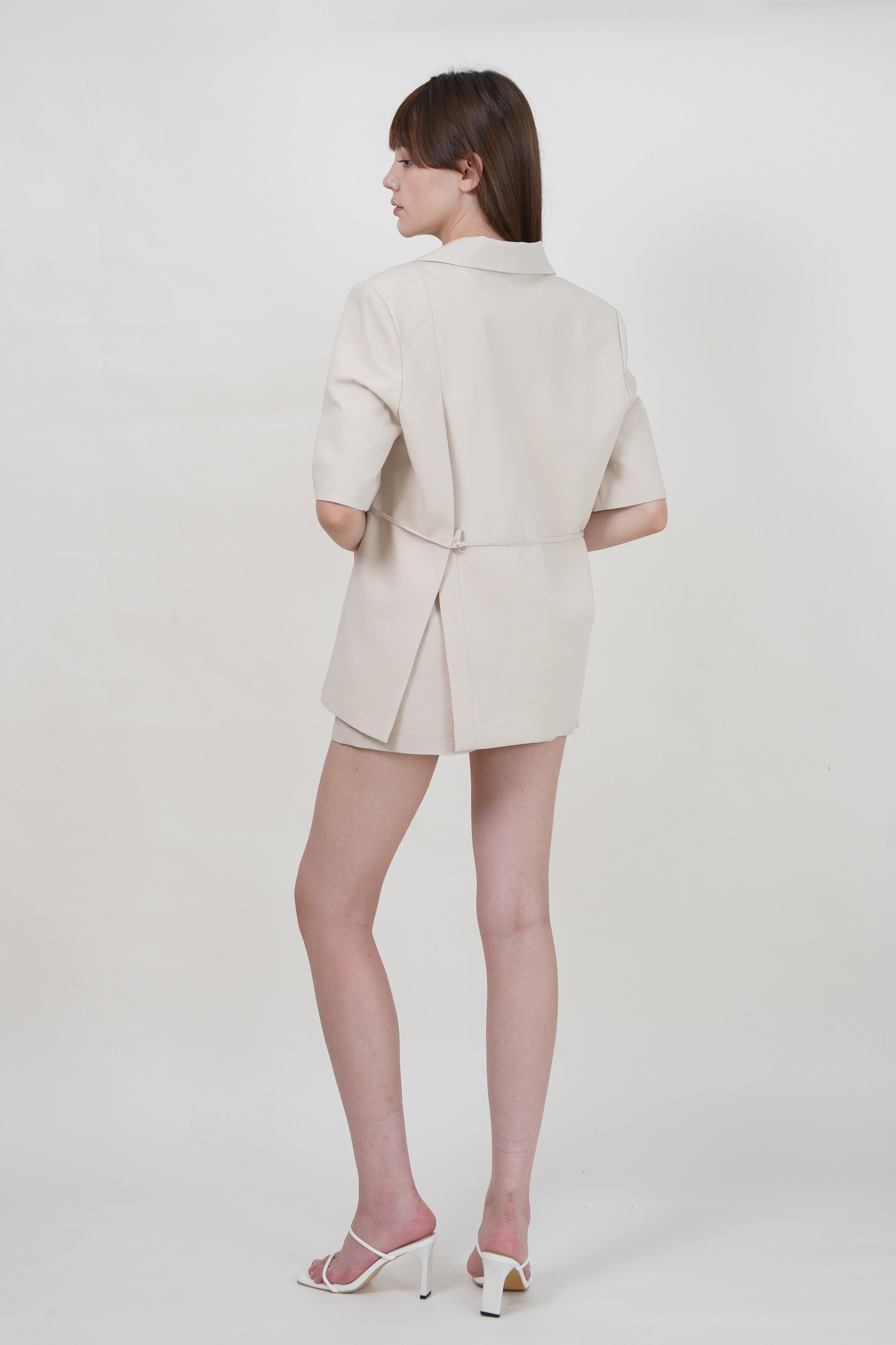Side-Slit Short Sleeve Blazer with Tie Detail - Beige