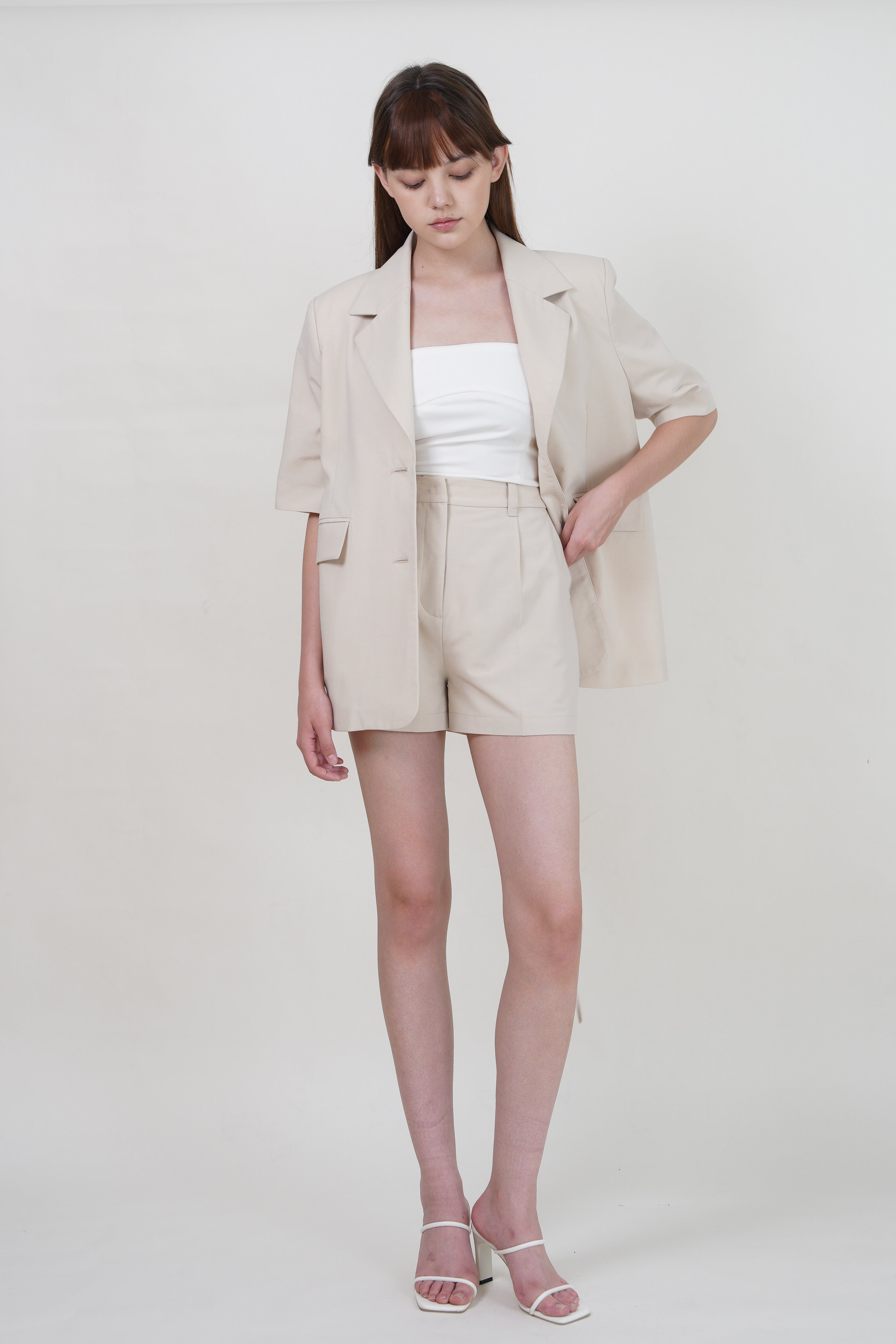 Side-Slit Short Sleeve Blazer with Tie Detail - Beige