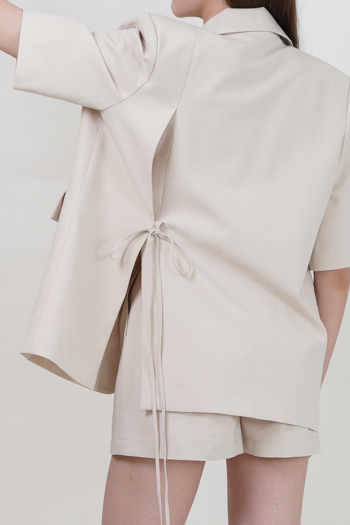Side-Slit Short Sleeve Blazer with Tie Detail - Beige