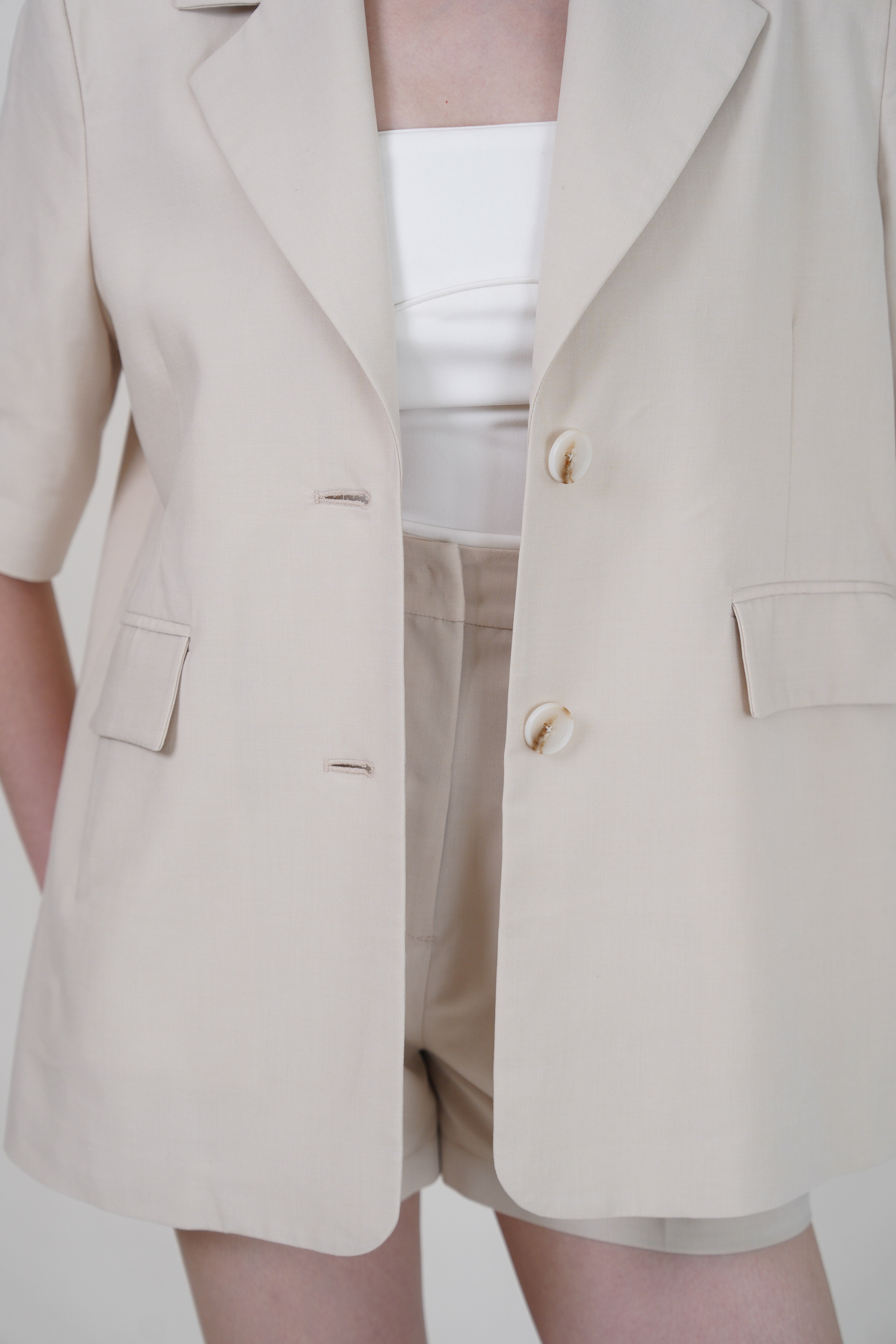 Side-Slit Short Sleeve Blazer with Tie Detail - Beige