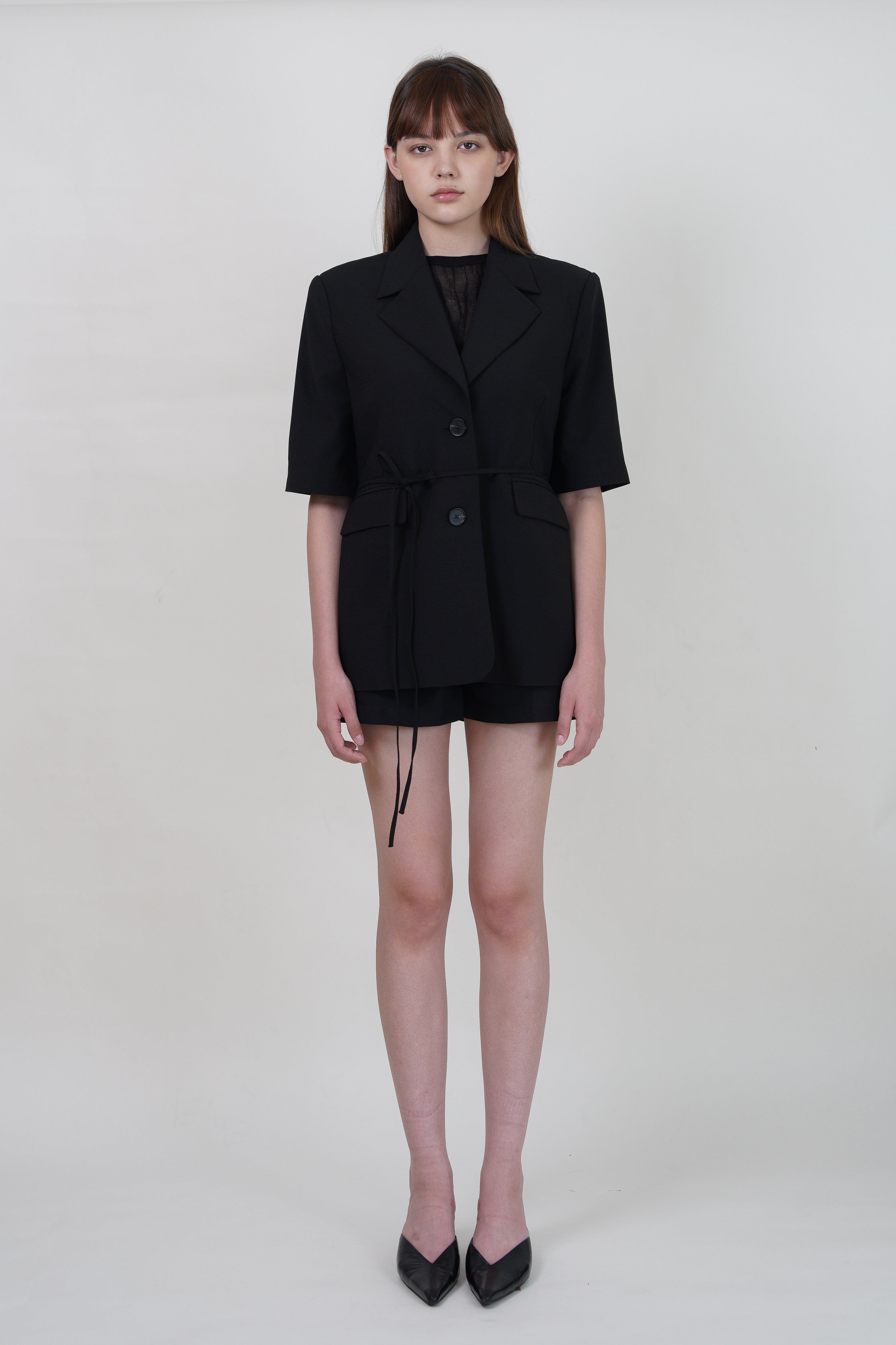 Side-Slit Short Sleeve Blazer with Tie Detail - Black