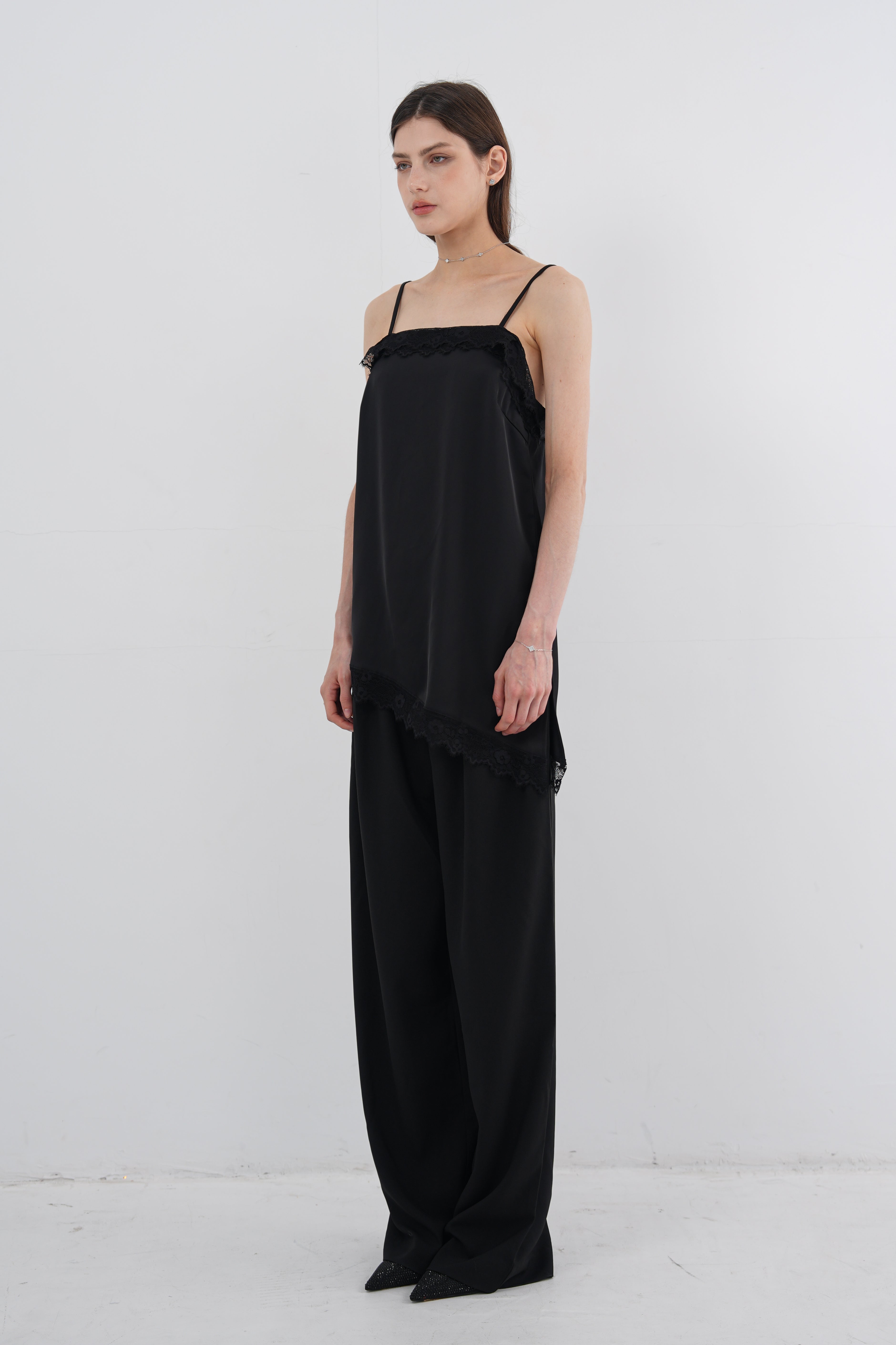 Satin Lace Asymmetric Cami Top - Black