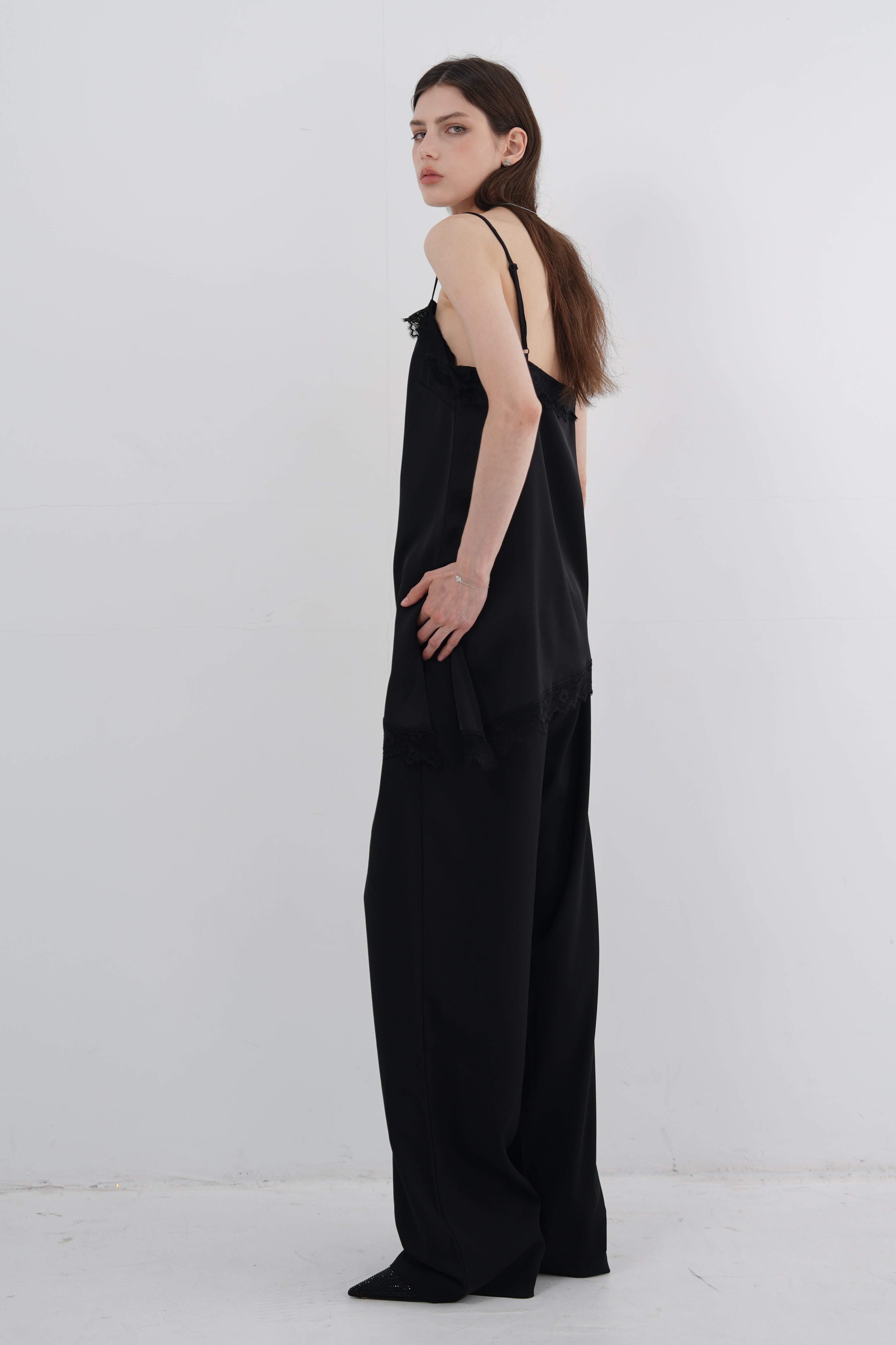 Satin Lace Asymmetric Cami Top - Black