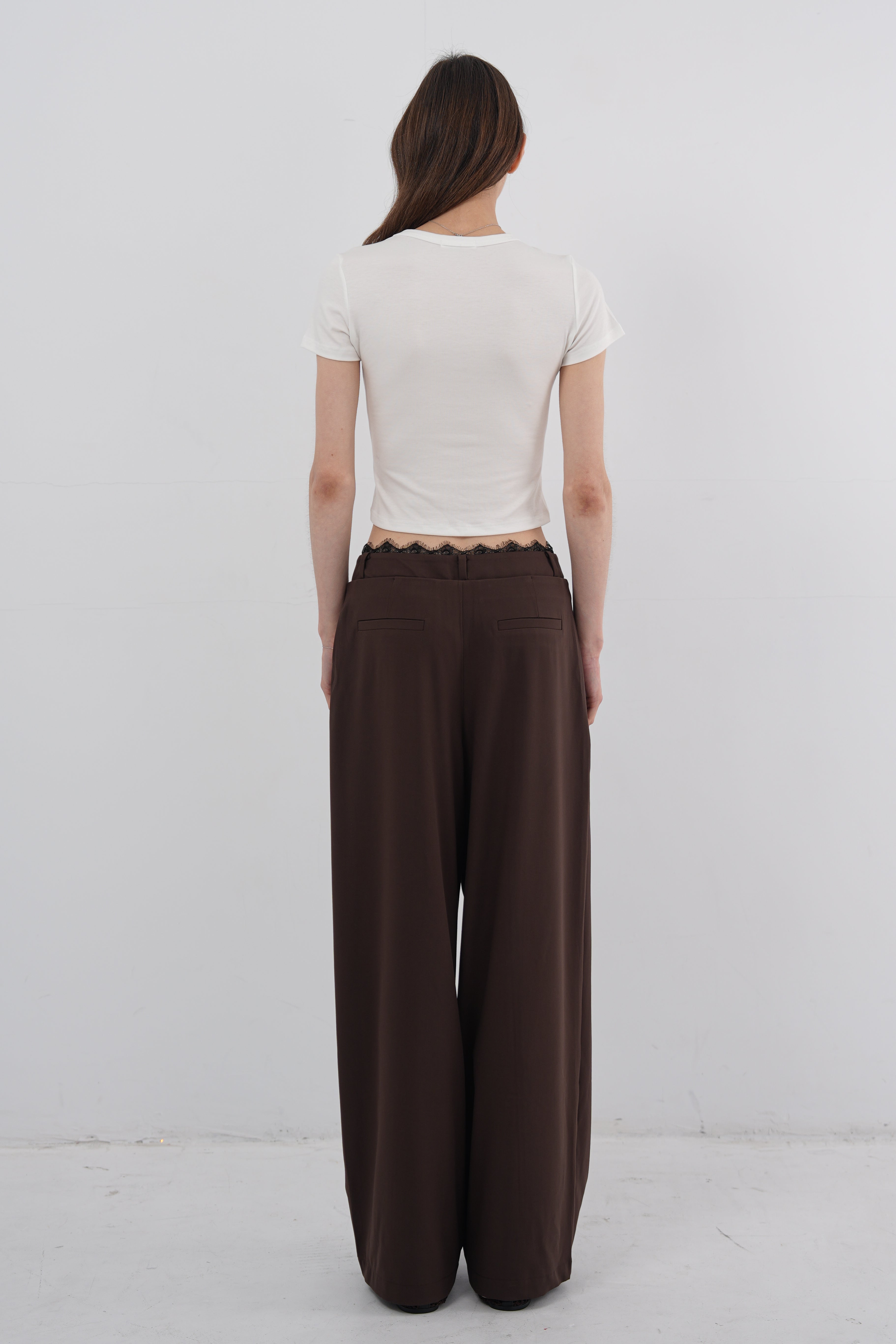 Layered Lace Waist Wide-Leg Pants - Brown