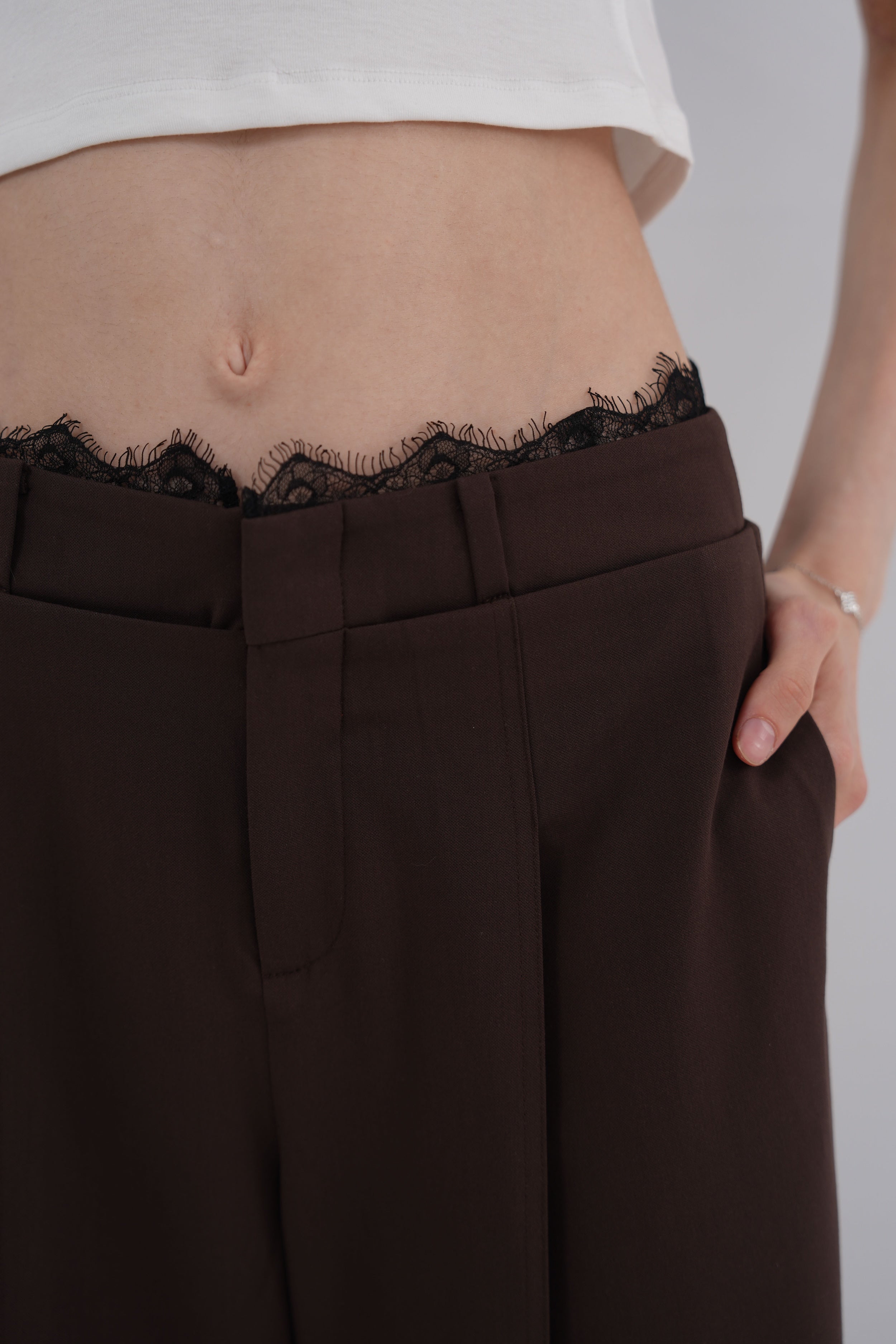 Layered Lace Waist Wide-Leg Pants - Black