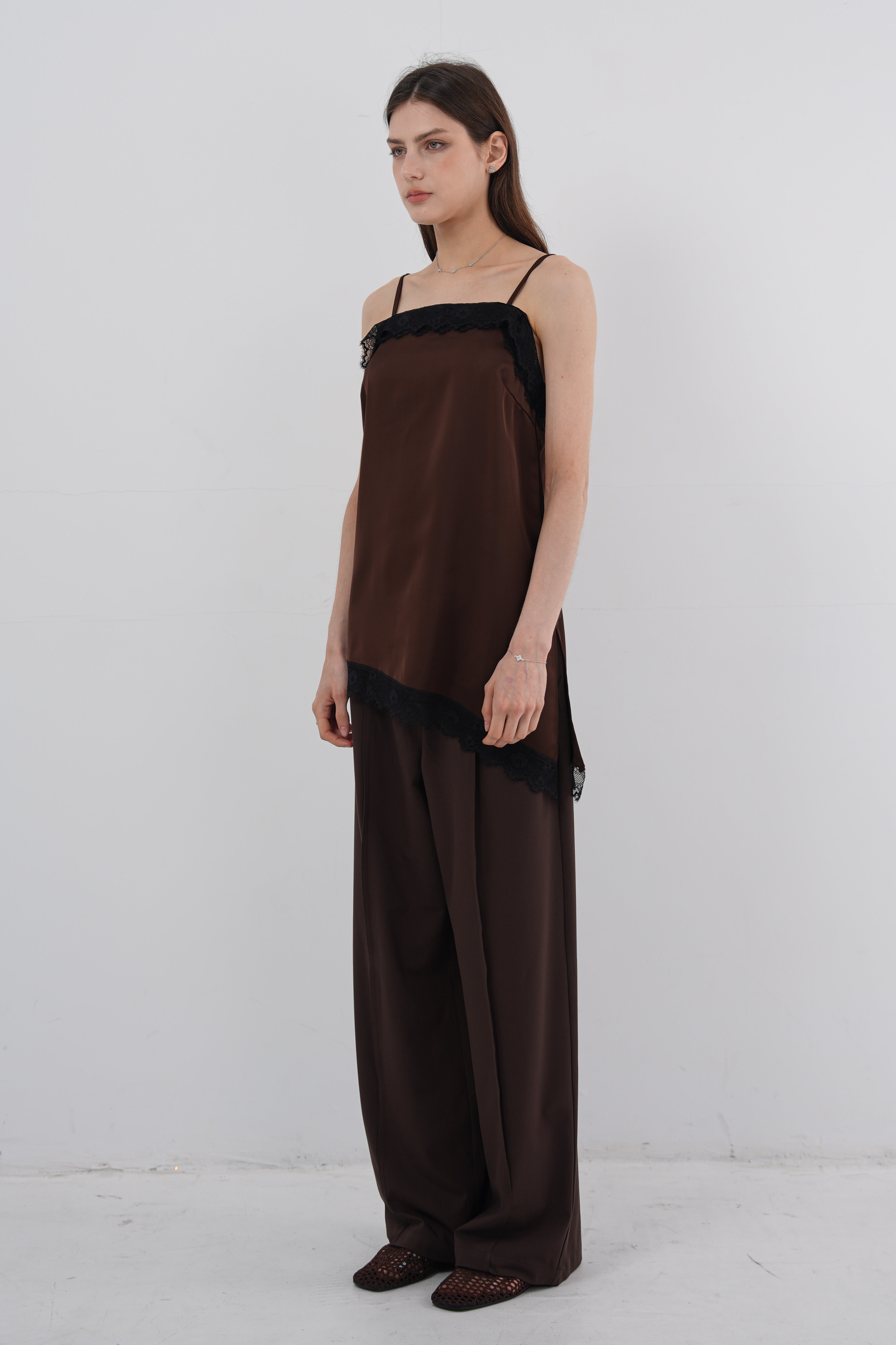 Satin Lace Asymmetric Cami Top - Brown