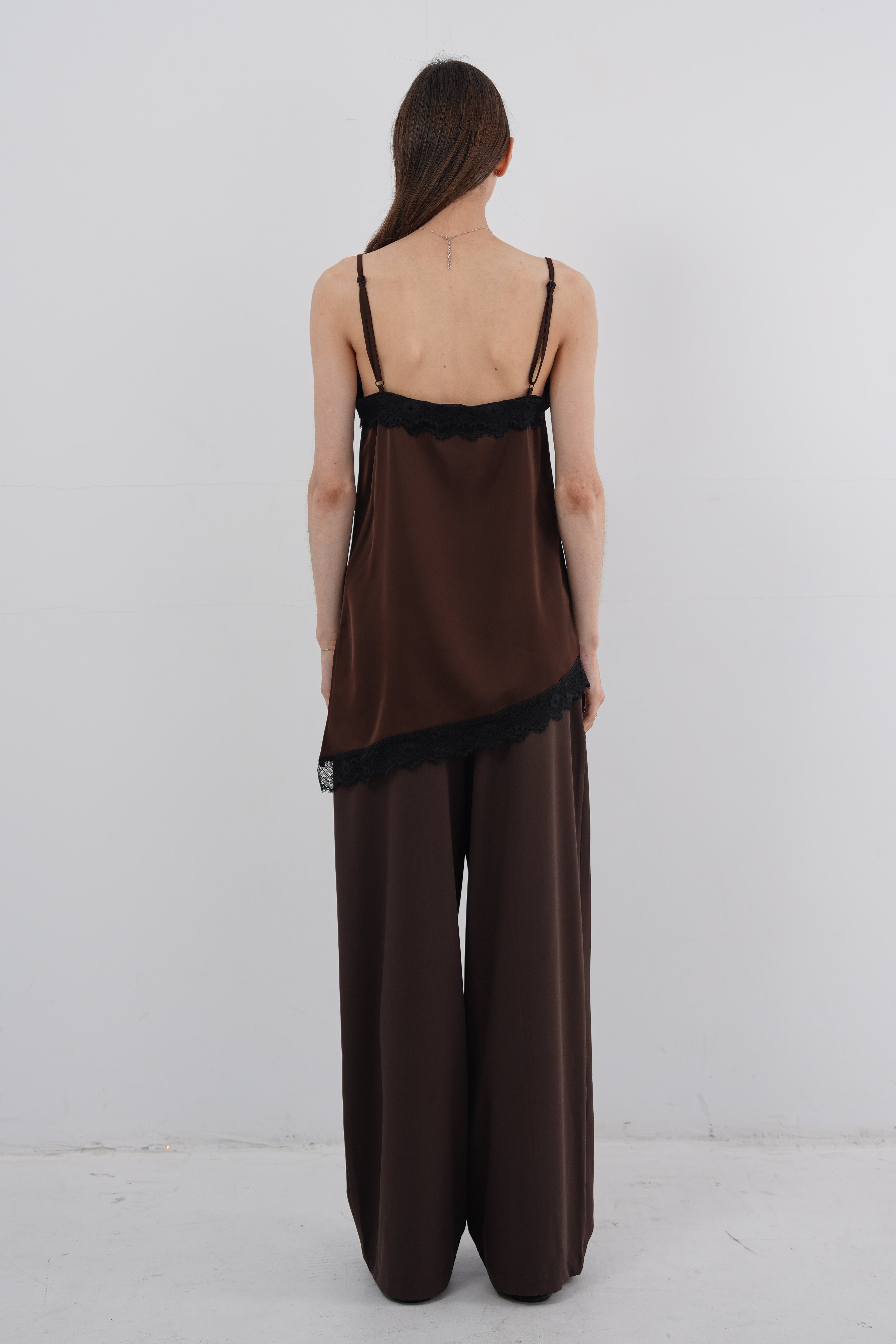 Satin Lace Asymmetric Cami Top - Brown