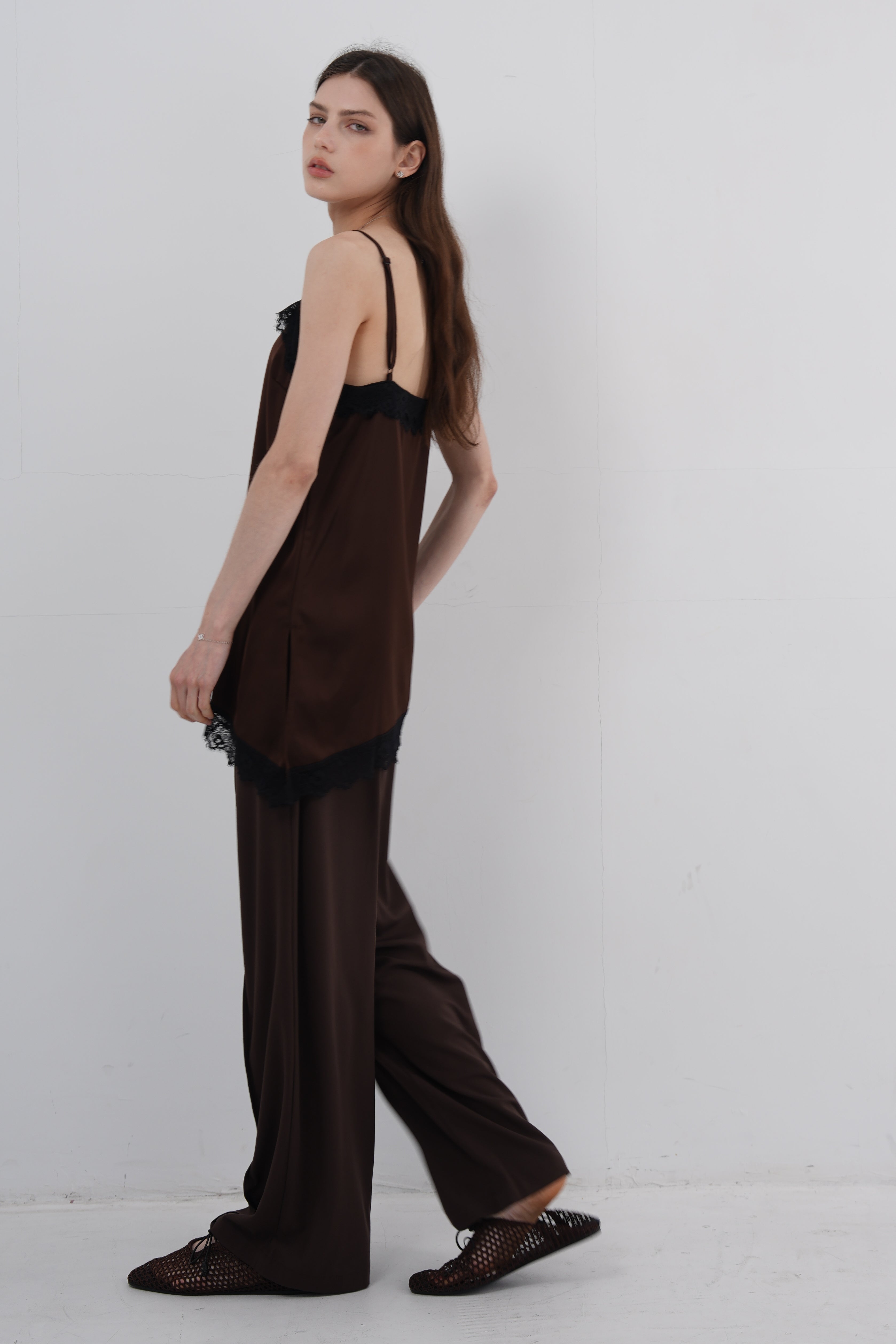 Satin Lace Asymmetric Cami Top - Black