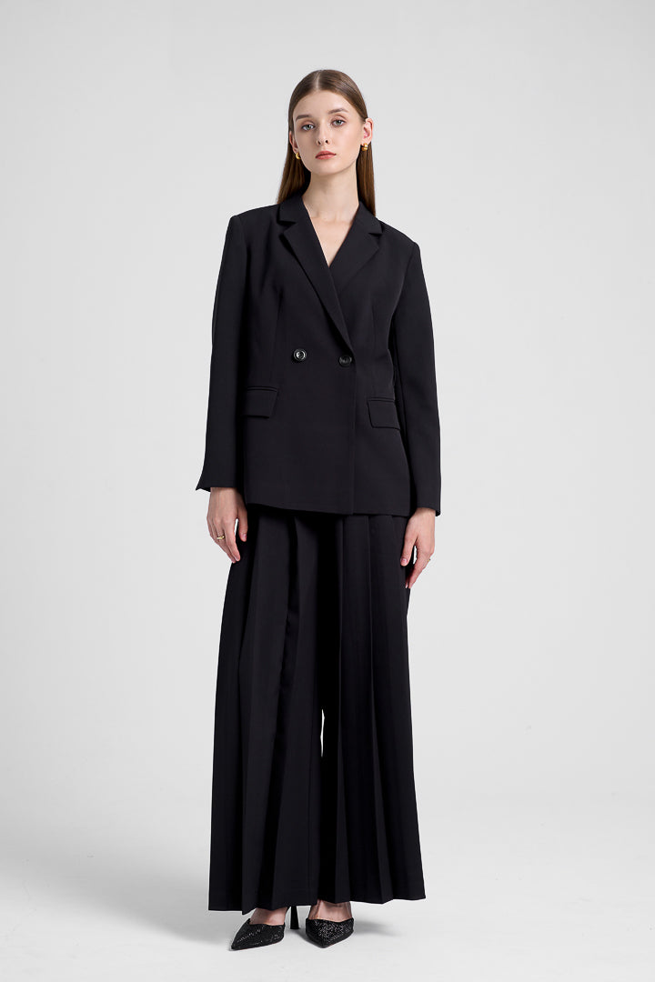 Classic Double Breasted Blazer (with Belt) - Black 