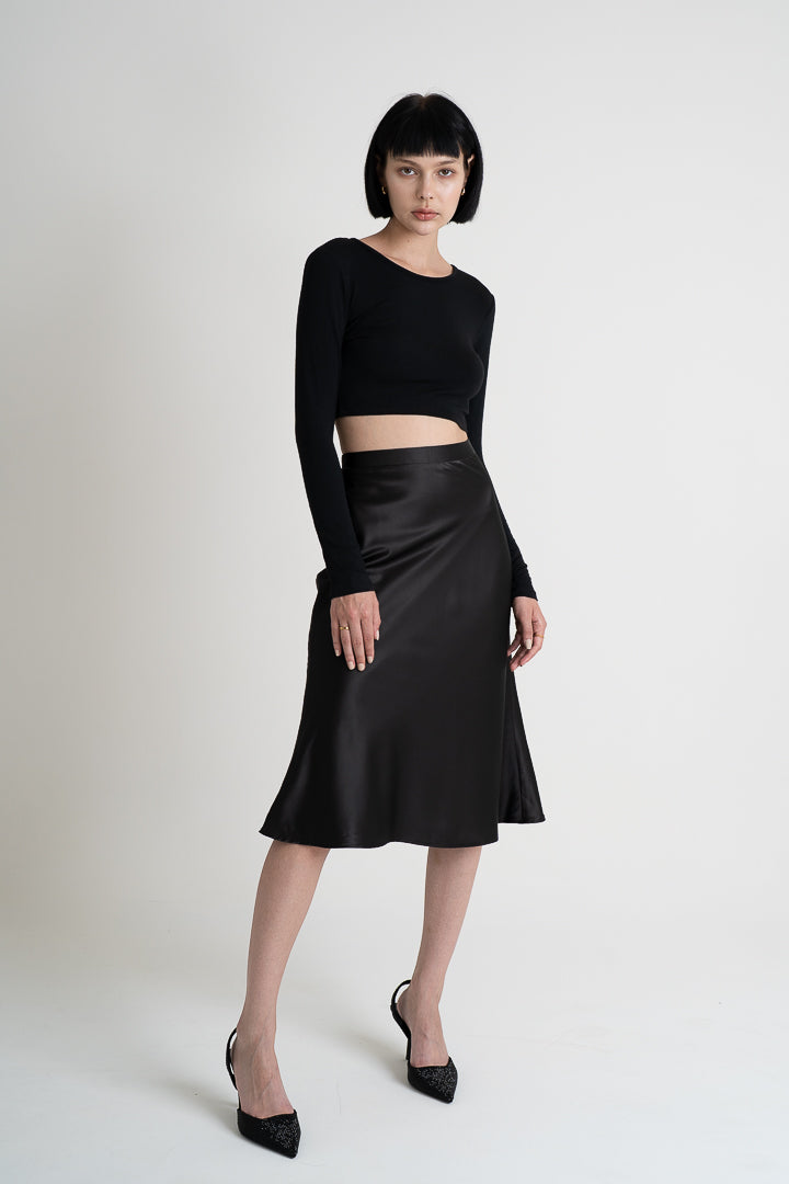 Satin Fishtail Skirt - Black