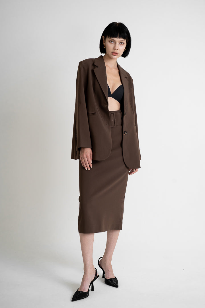 Wide belt slit high waist narrow skirt - Dark Brown