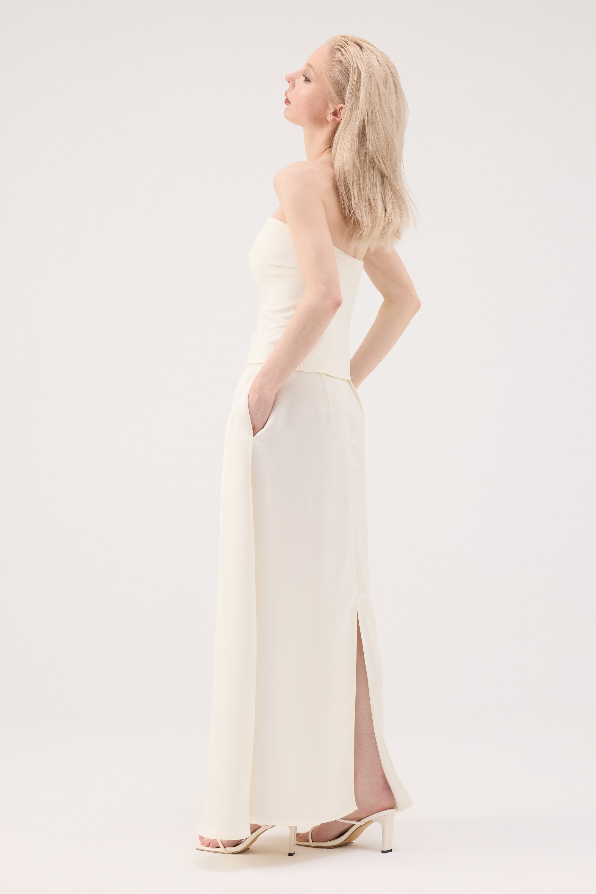 Back Slit Acetate Maxi Skirt - White