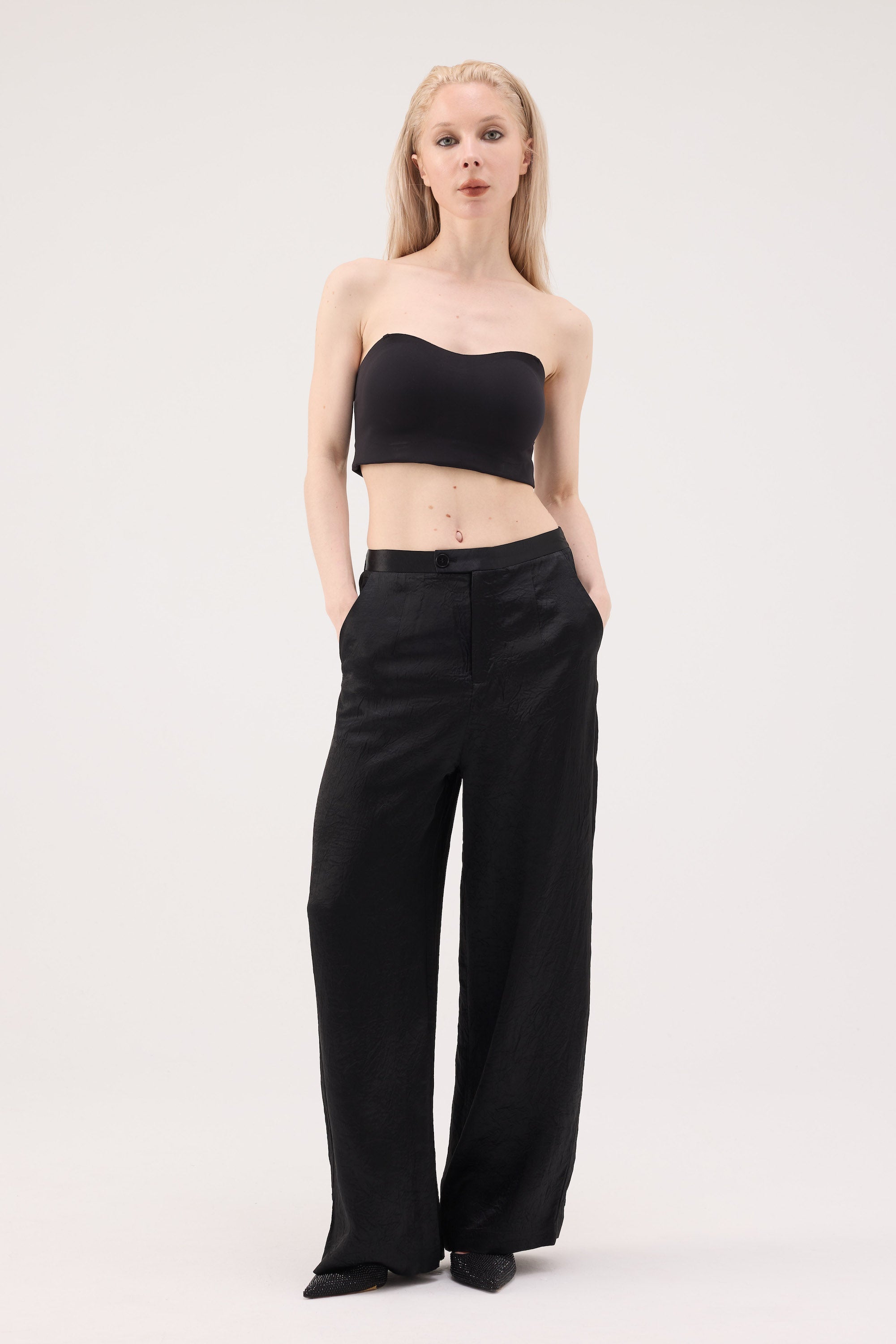 Misty Sheen Acetate Wide Trousers - Black