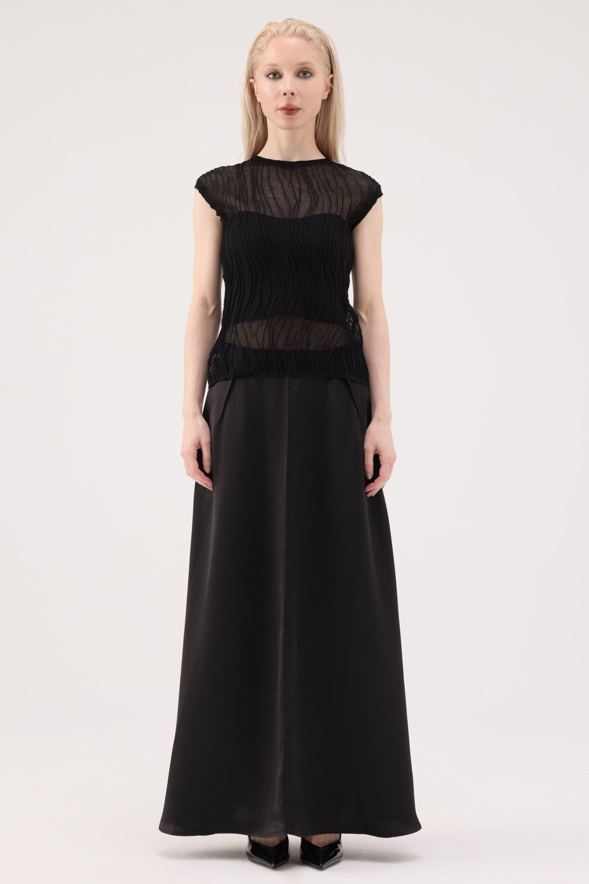 Back Slit Acetate Maxi Skirt - Black