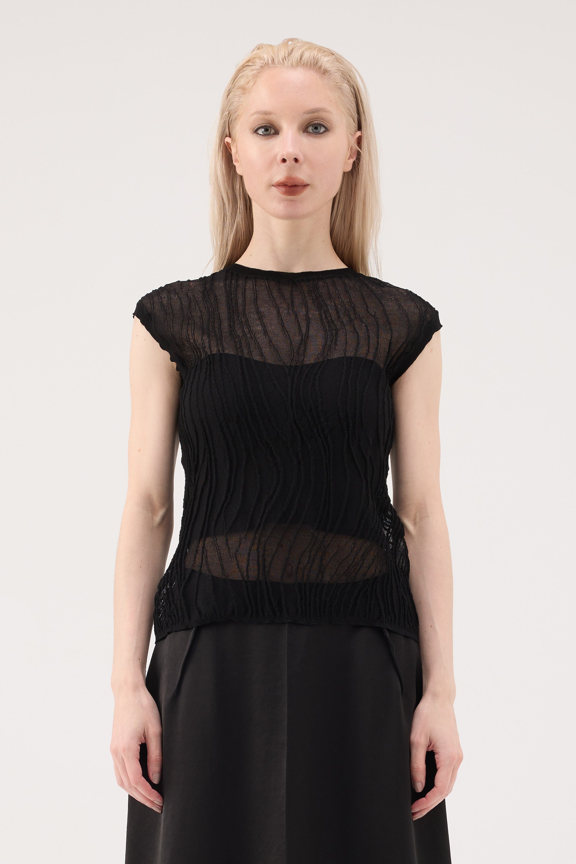 Ripple Sheer Knit Top - Black