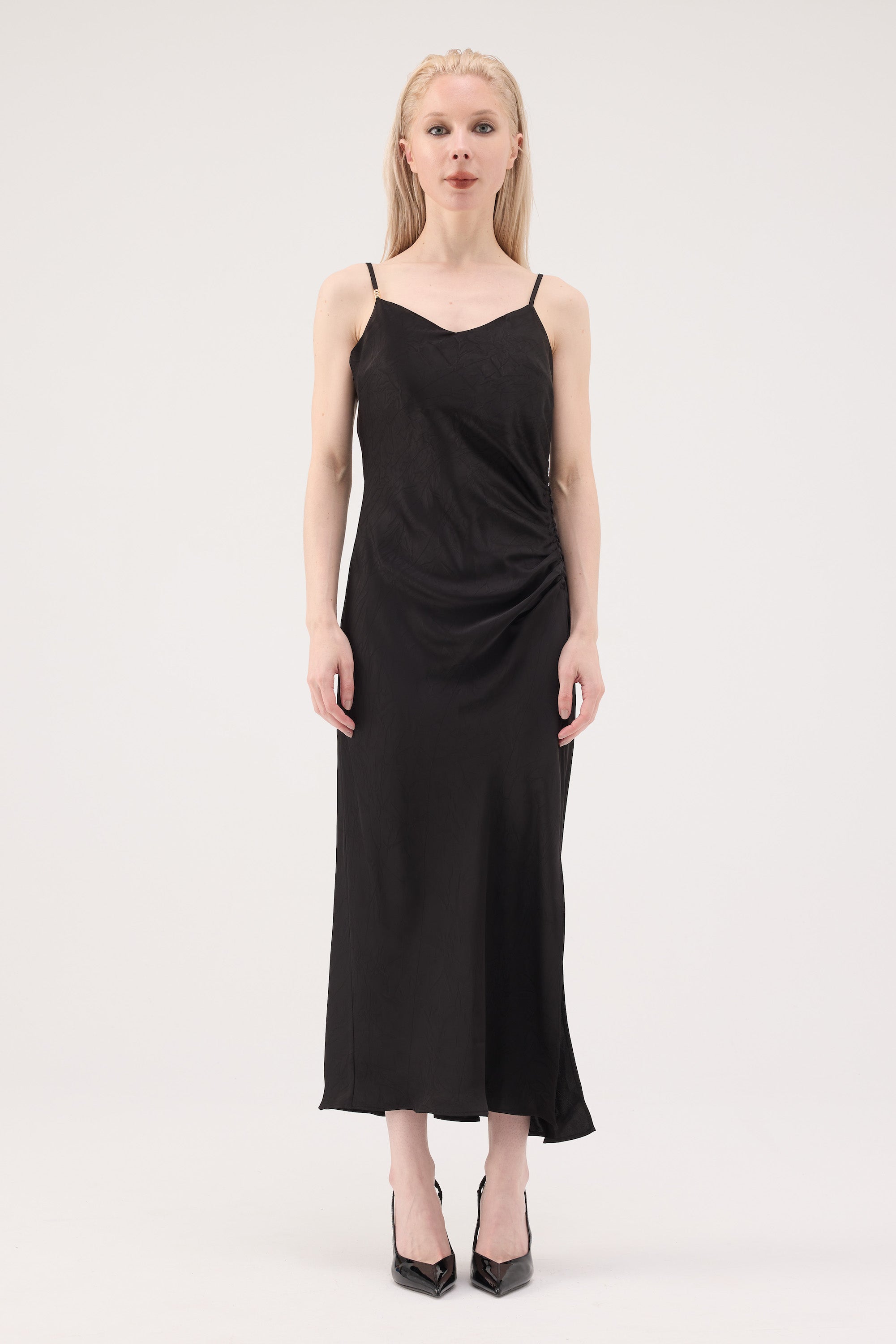 Ruched Acetate Slip Dress - Black