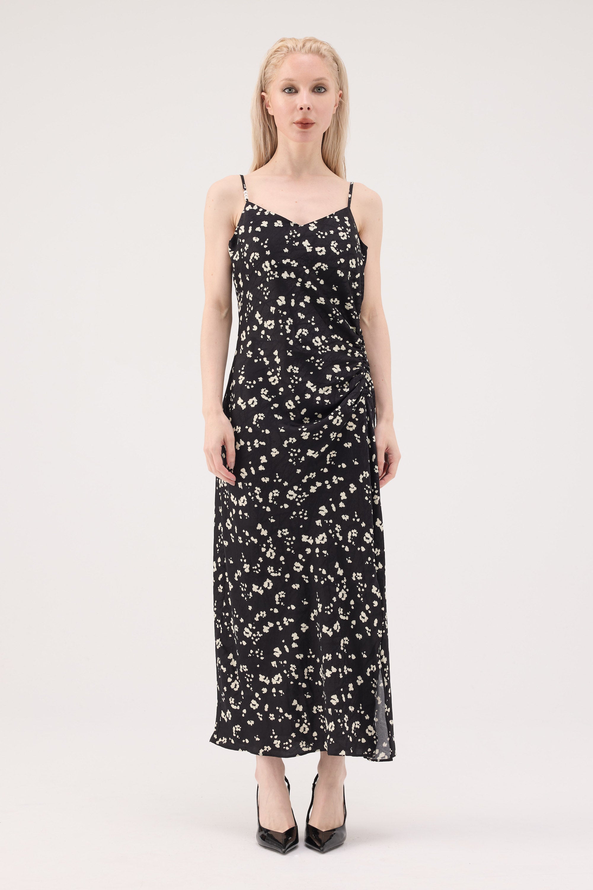 Ruched Acetate Slip Dress - Floral