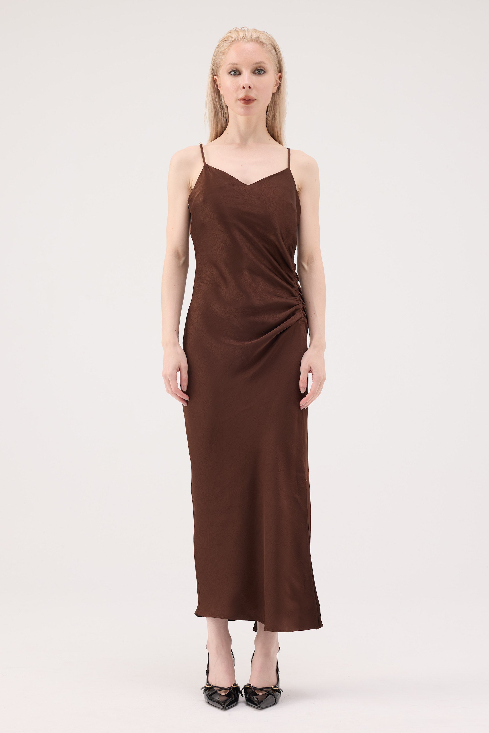 Ruched Acetate Slip Dress - Brown