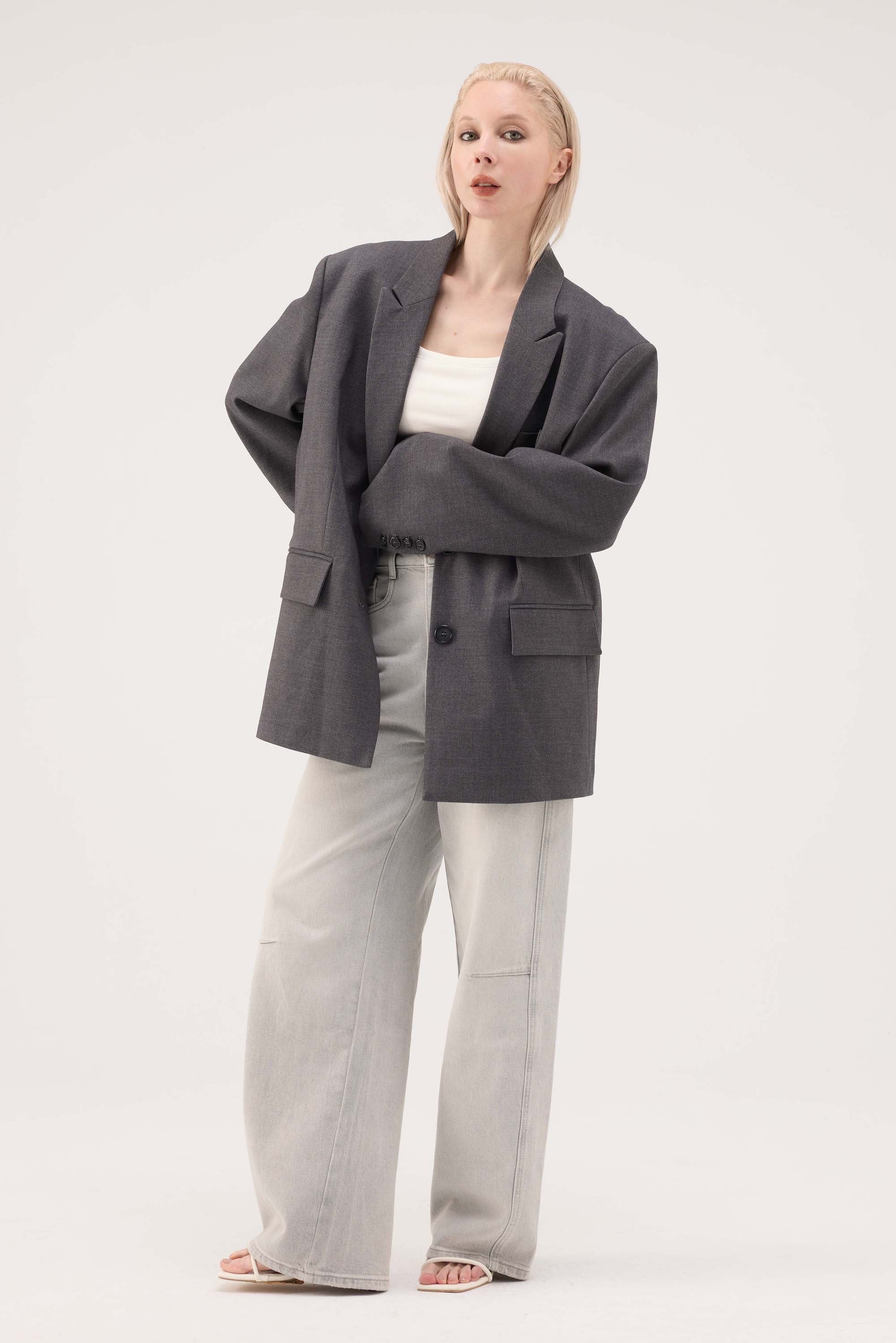 Oversized Peak Lapel Blazer - Grey
