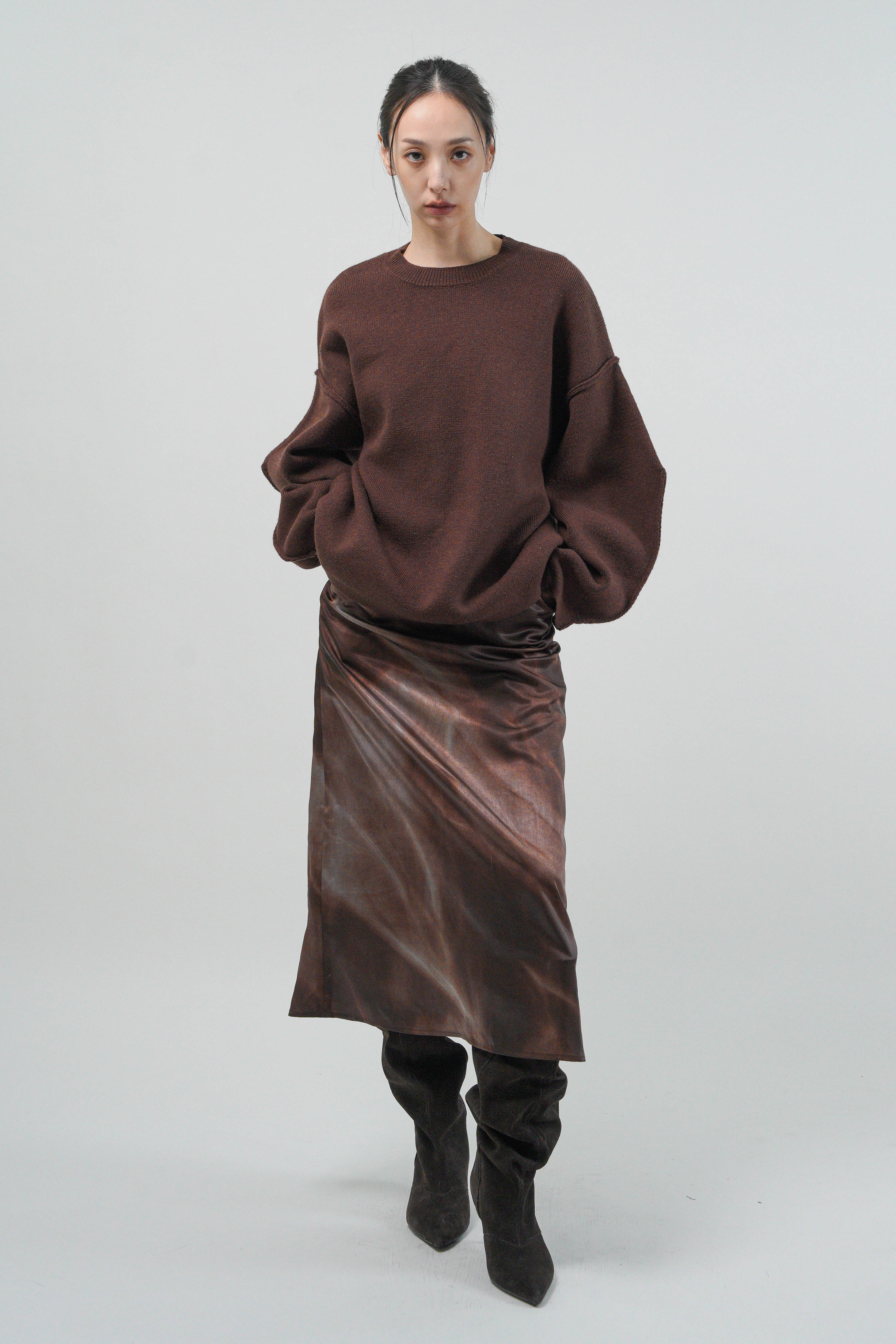 幻影墨染仿絲長洋裝 - 咖棕