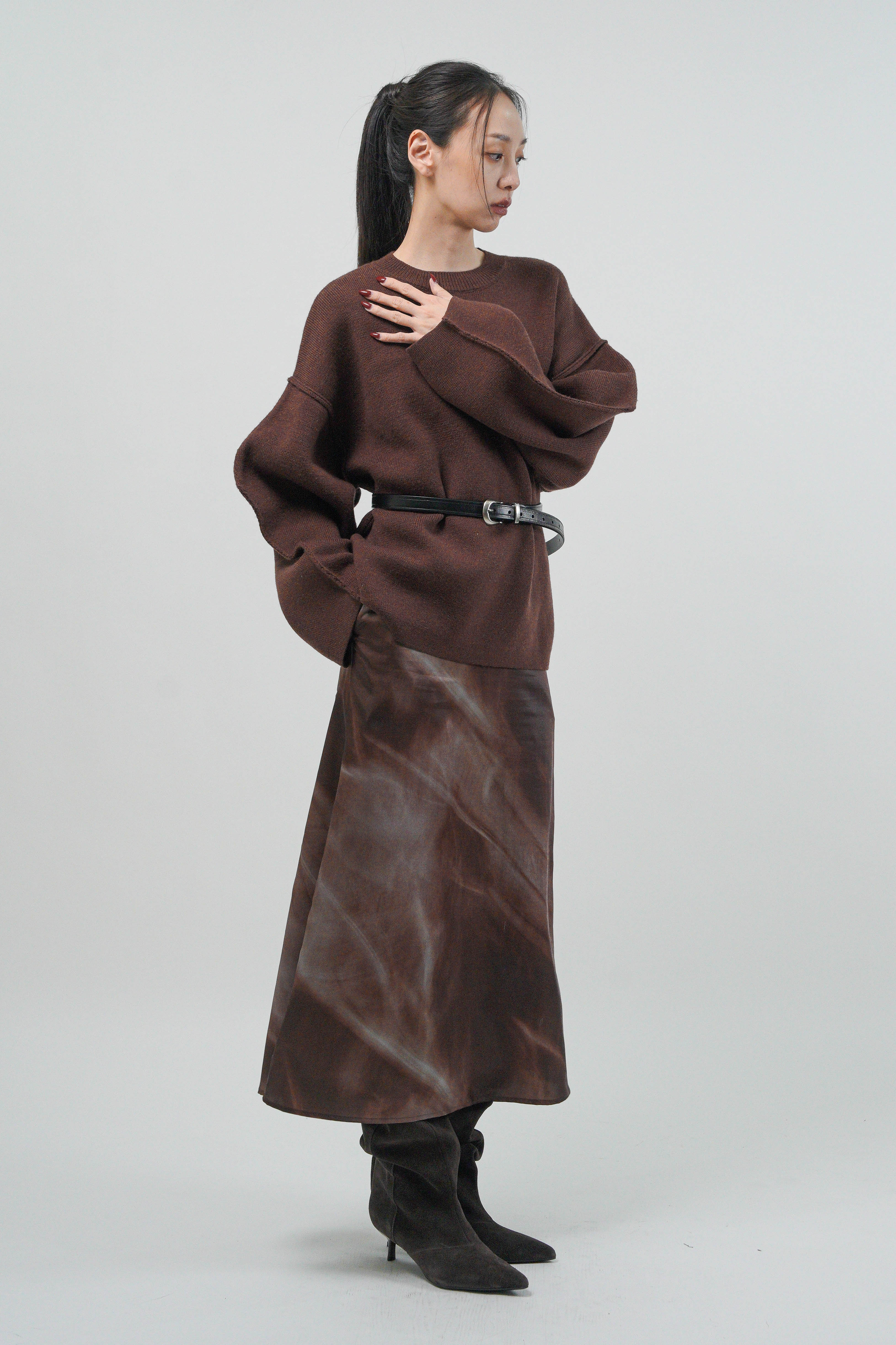 解構外縫線針織毛衣 - 深咖