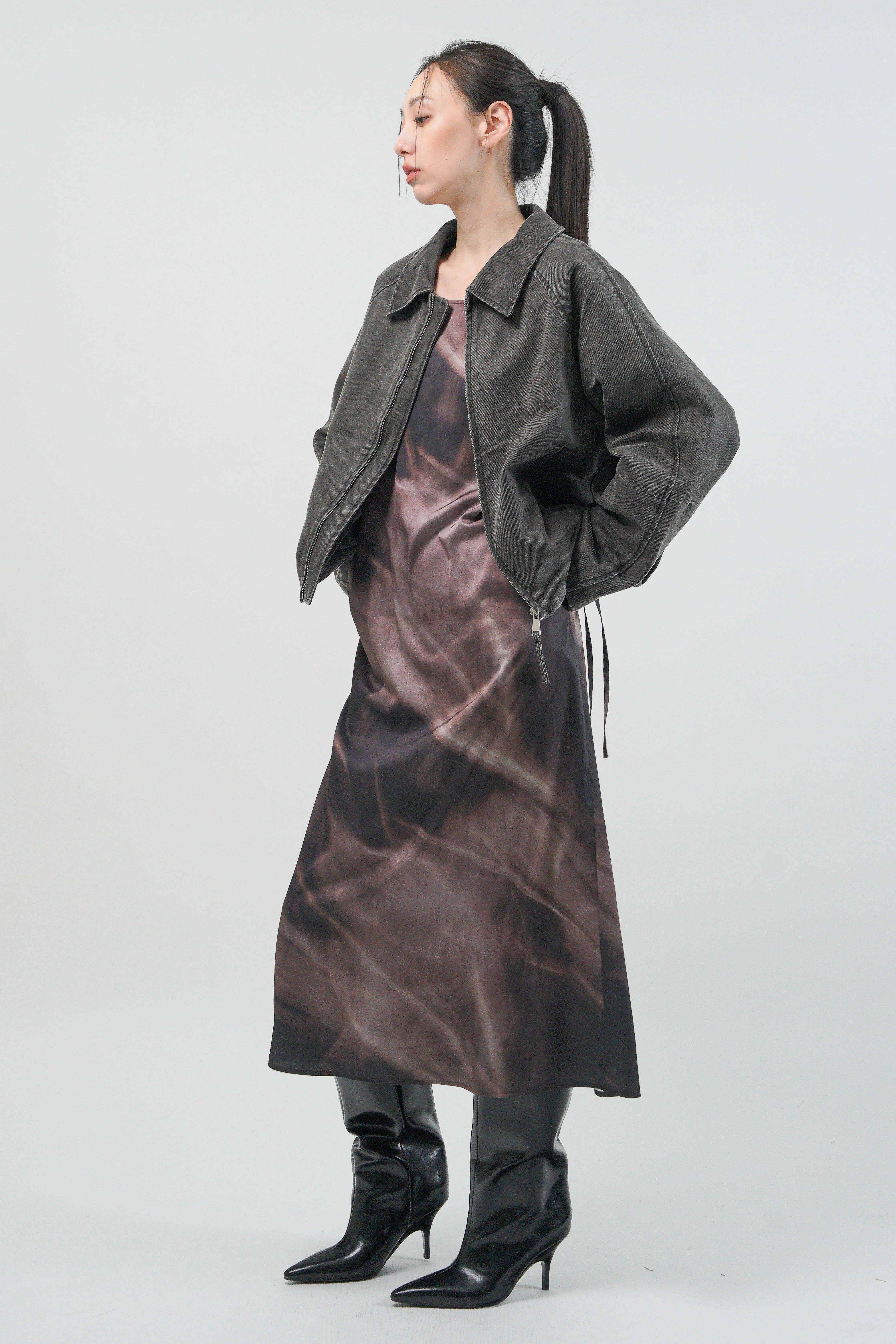 幻影墨染仿絲長洋裝 - 墨灰