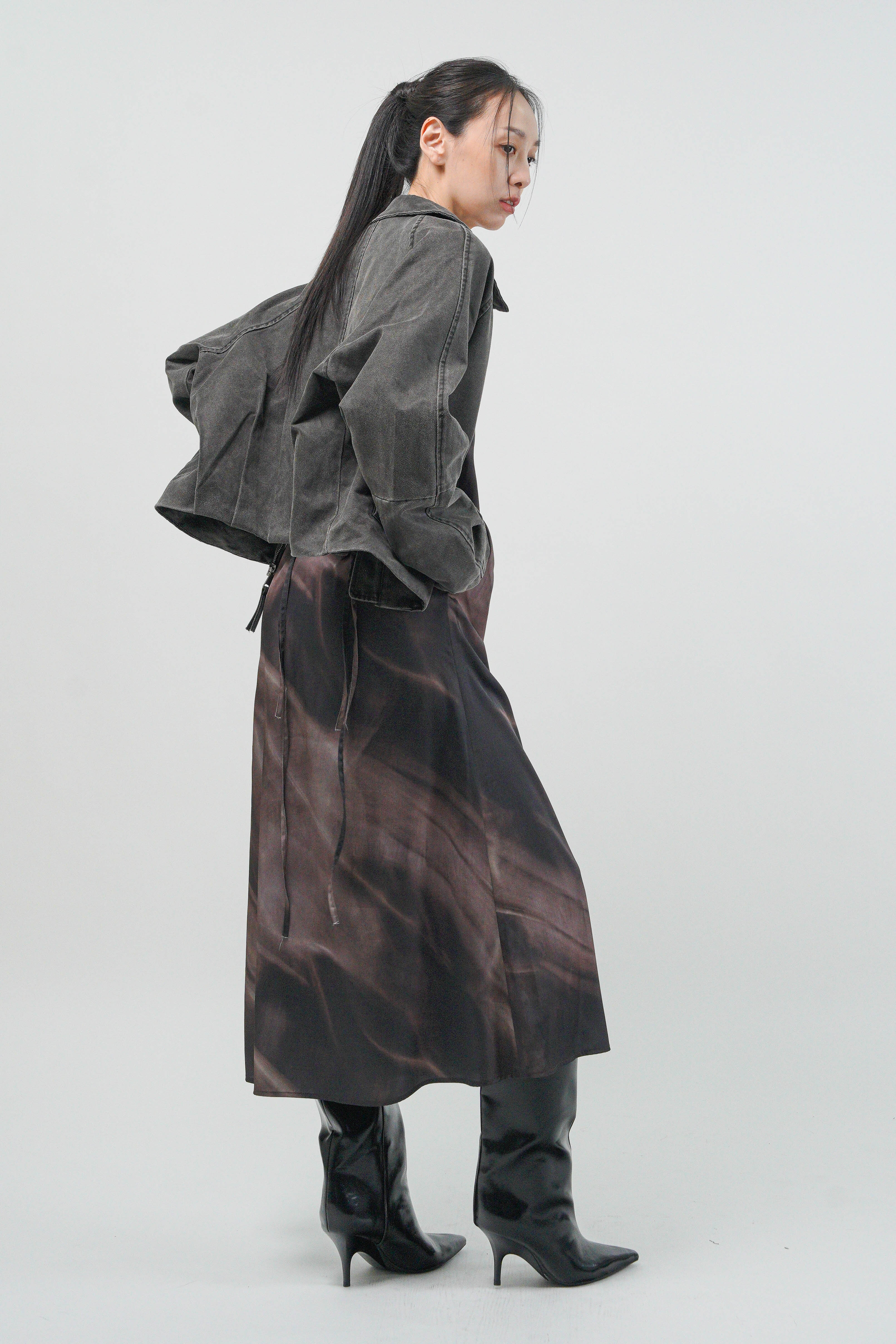 幻影墨染仿絲長洋裝 - 咖棕