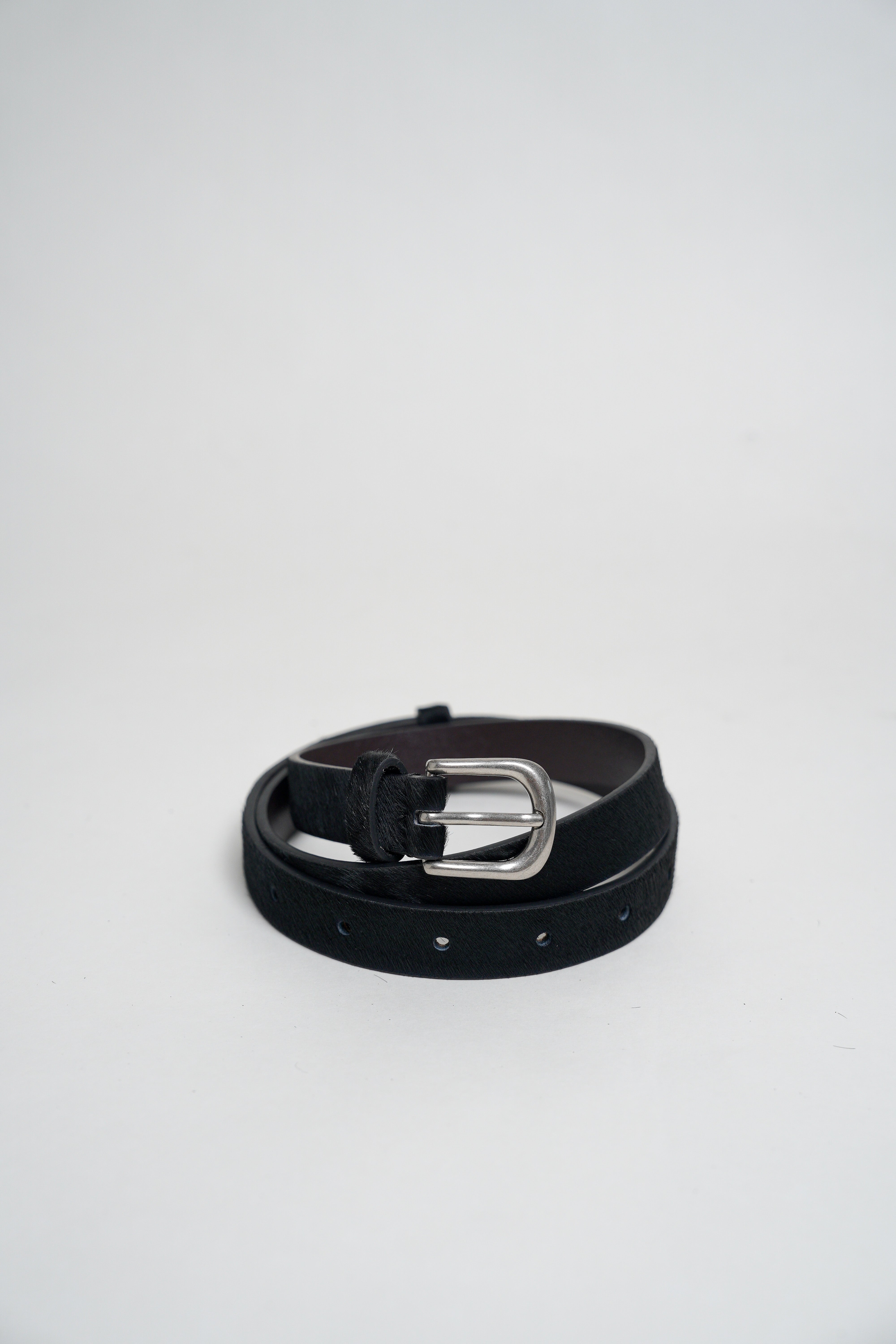 Silver Buckle Horsehair Leather Belt - Black 