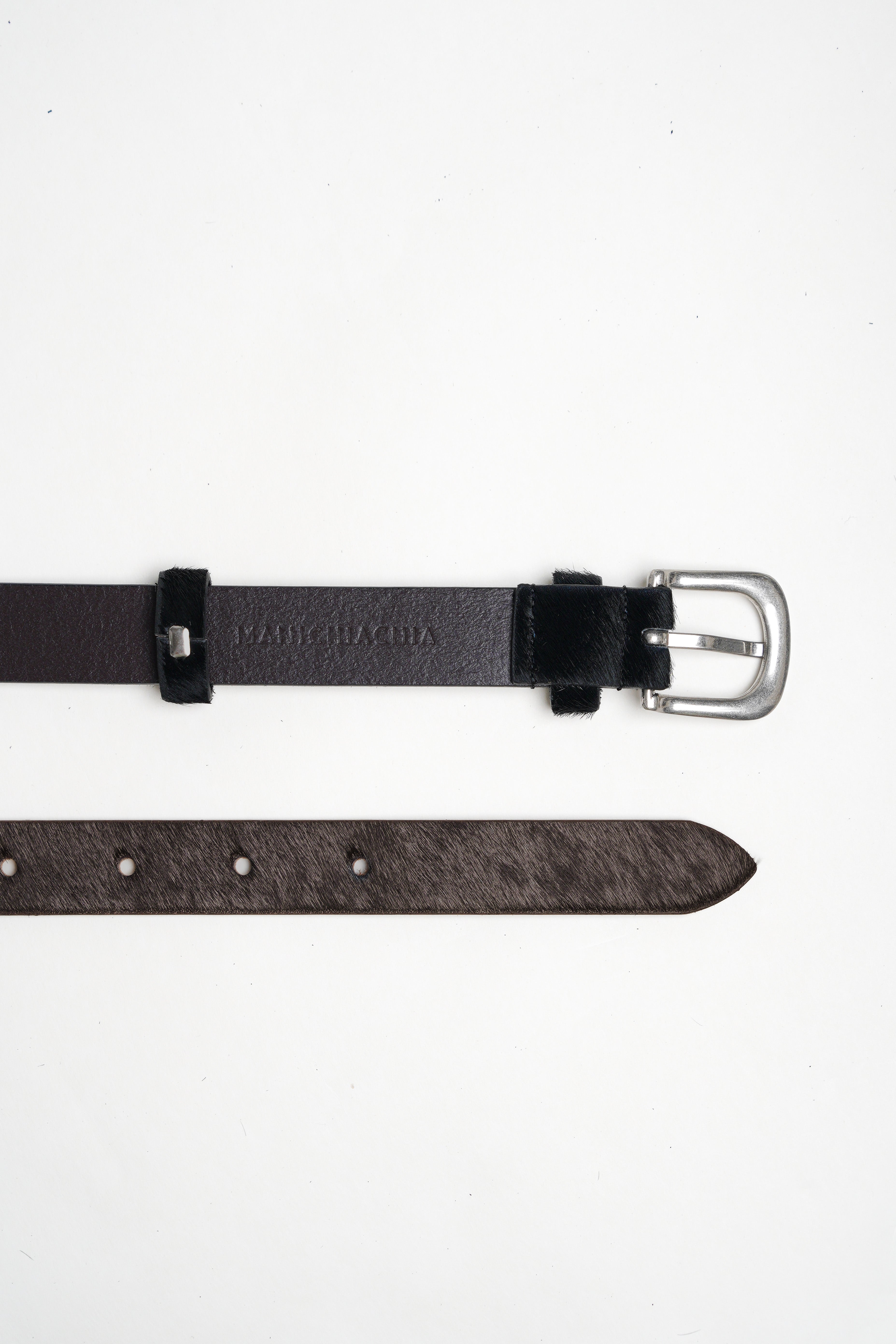 Silver Buckle Horsehair Leather Belt - Black 