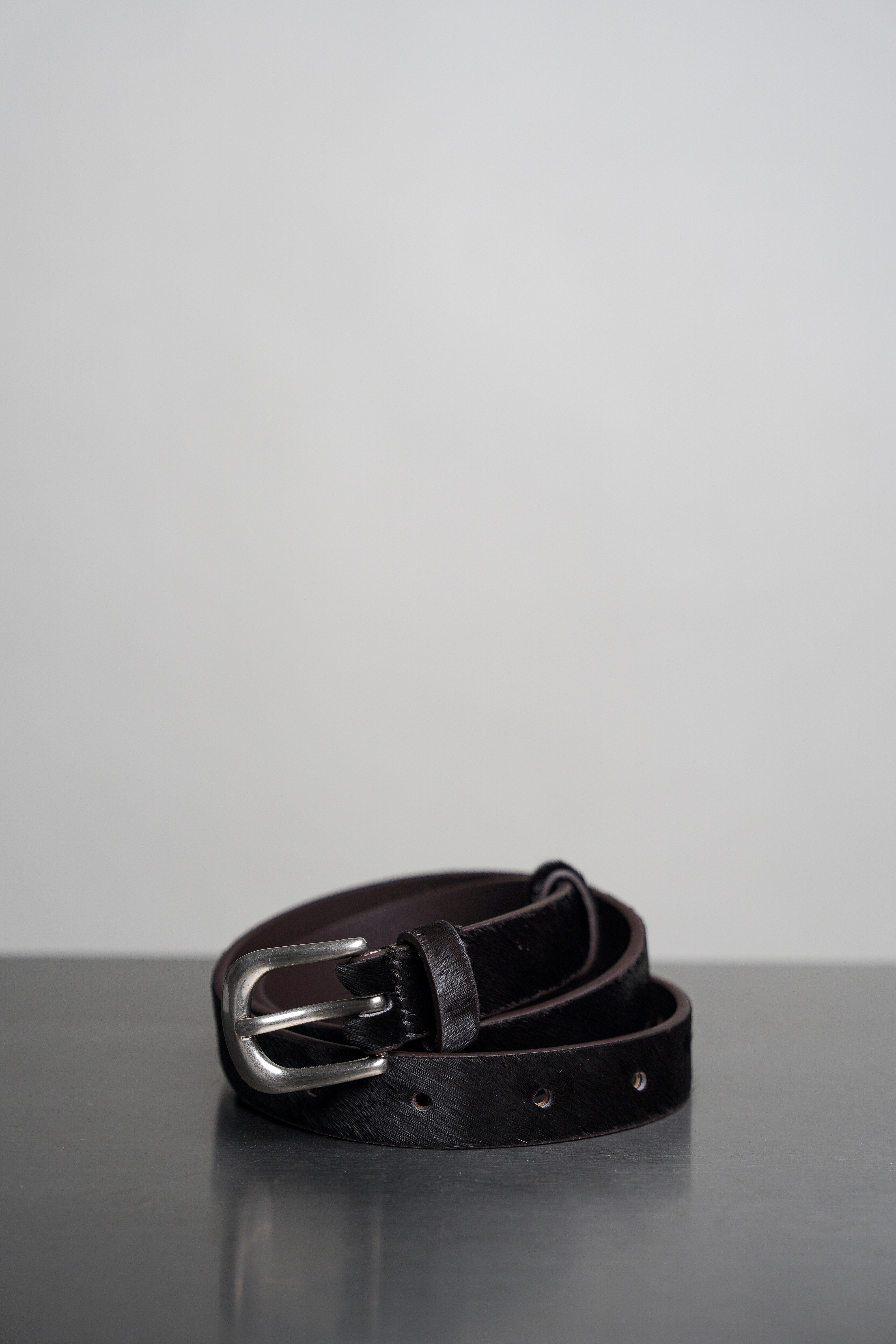 Silver Buckle Horsehair Leather Belt - Brown